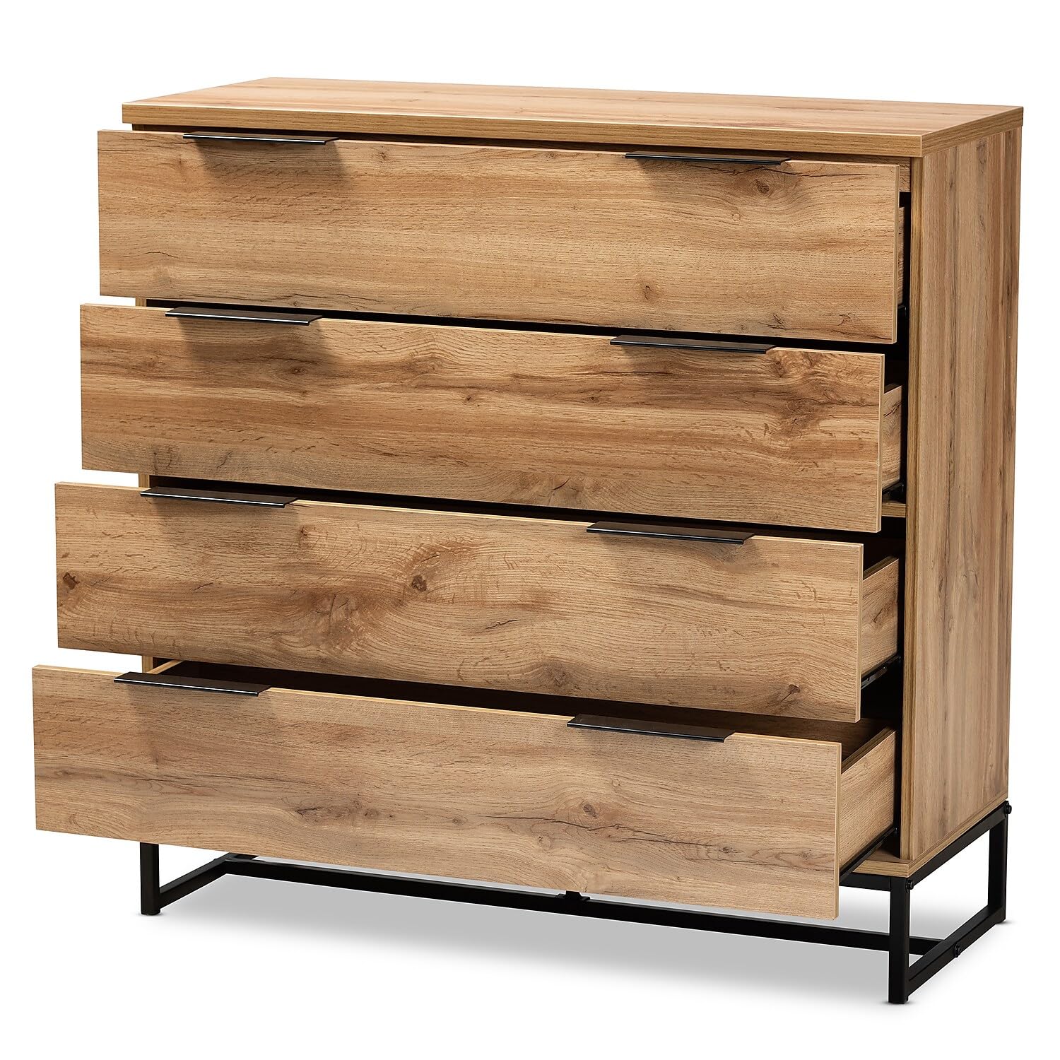 Baxton Studio Reid Modern and Contemporary Industrial Oak Finished Wood and Black Metal 4-Drawer Dresser