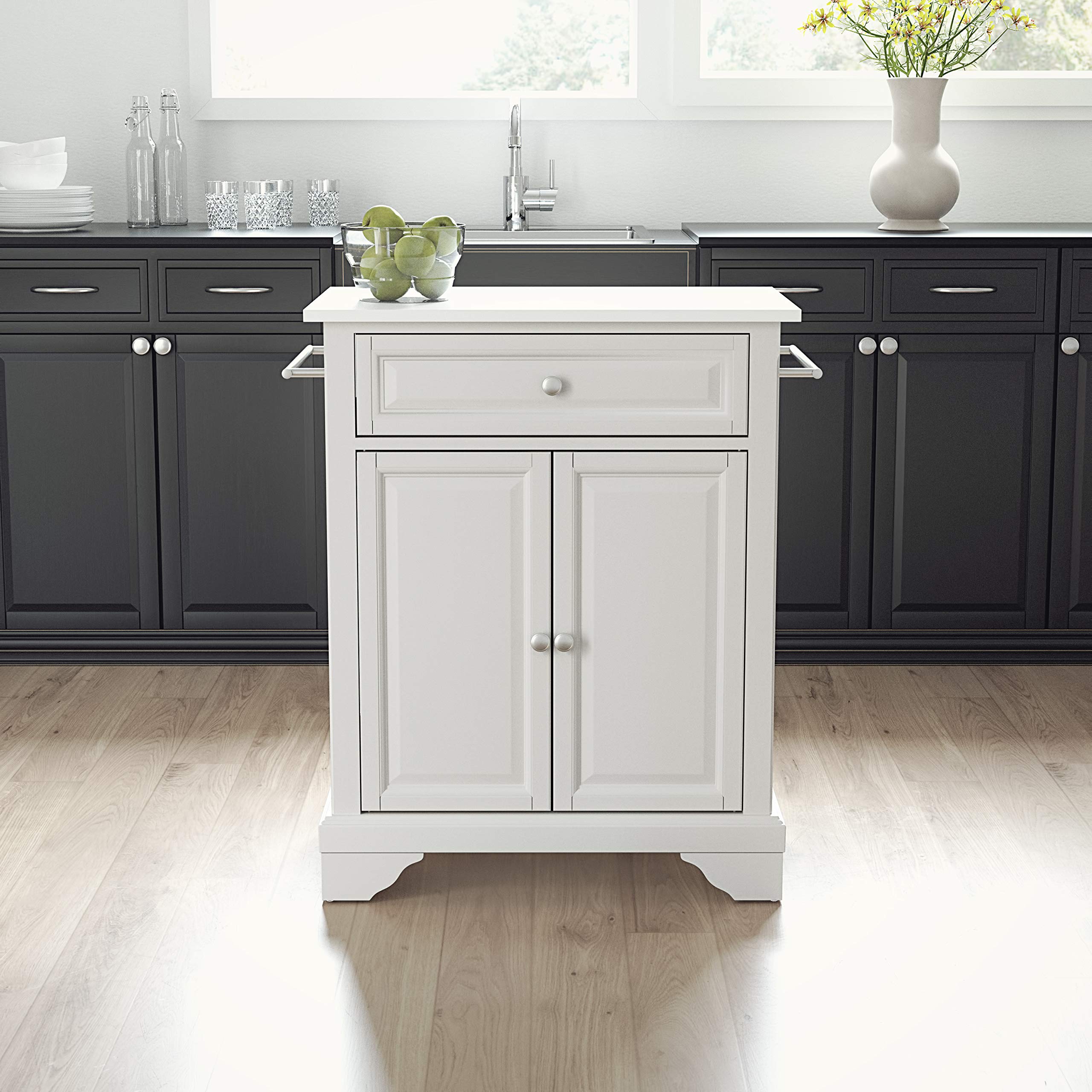 Crosley Furniture Lafayette Stone Top Small Portable Rolling Kitchen Island Storage Cart, Microwave Stand, White