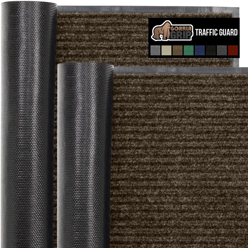 Gorilla Grip Waterproof Heavy Duty Traffic Guard Doormat, 2 Pack, Stain And Fade Resistant, Durable Rubber, Low Profile Door Mat, Shoe Scraper, Welcome Mats, 35X23, Brown