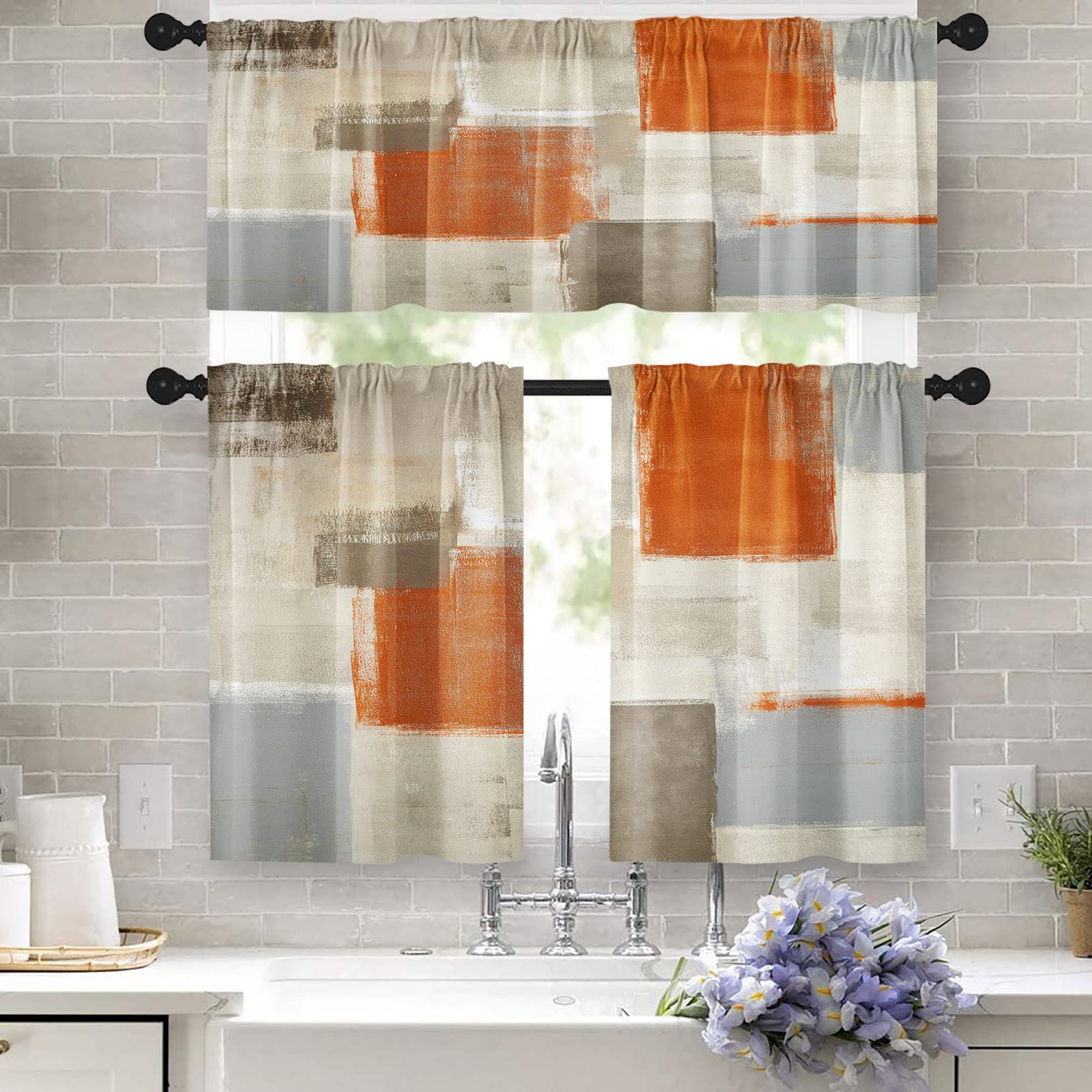 Tayney Orange Kitchen Curtains Grey Beige Window Curtains Valance And Tier Set, Contemporary Rod Pocket Short Tier Curtain, Abst