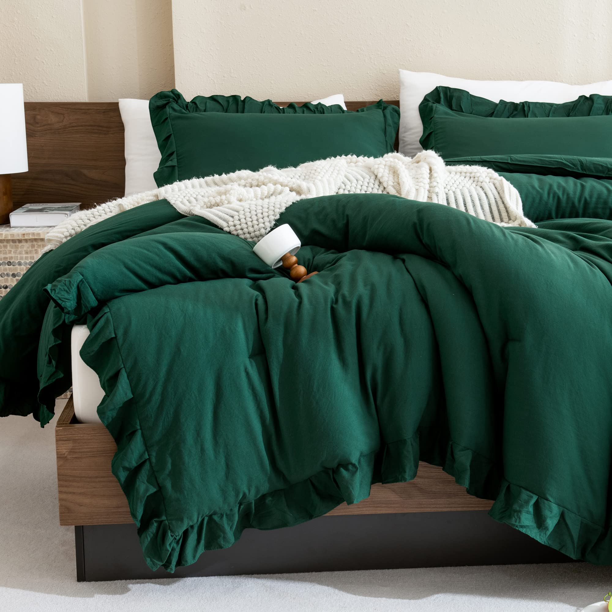 Andency Dark Green Ruffle Comforter Set, 2 Pieces Kids Comforter Set Twin(66X90Inch), Farmhouse Shabby Chic Comforter Set, Soft Microfiber Kids Bedding Set