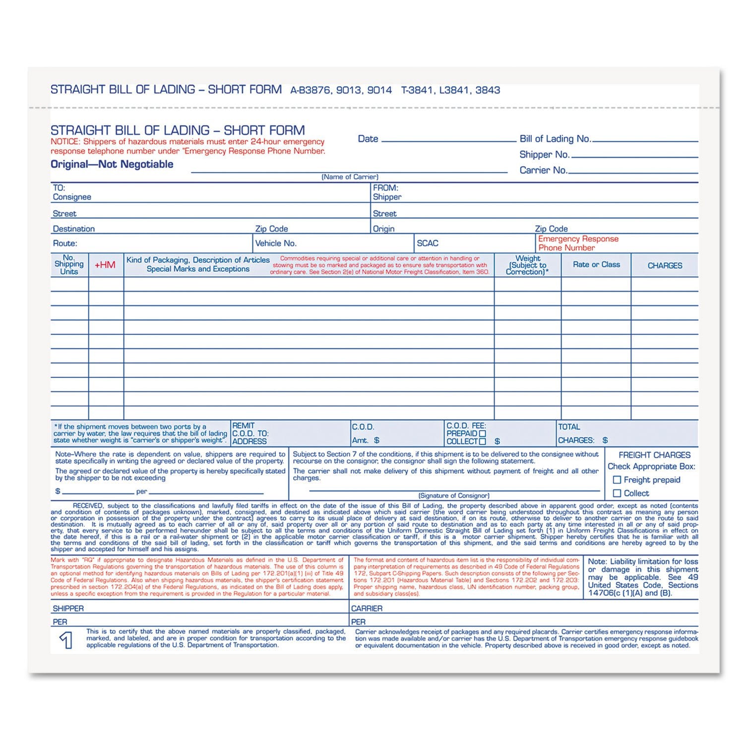 Tops L3841 Hazardous Material Short Form, 7 X 8 1/2, Three-Part Carbonless, 250 Forms