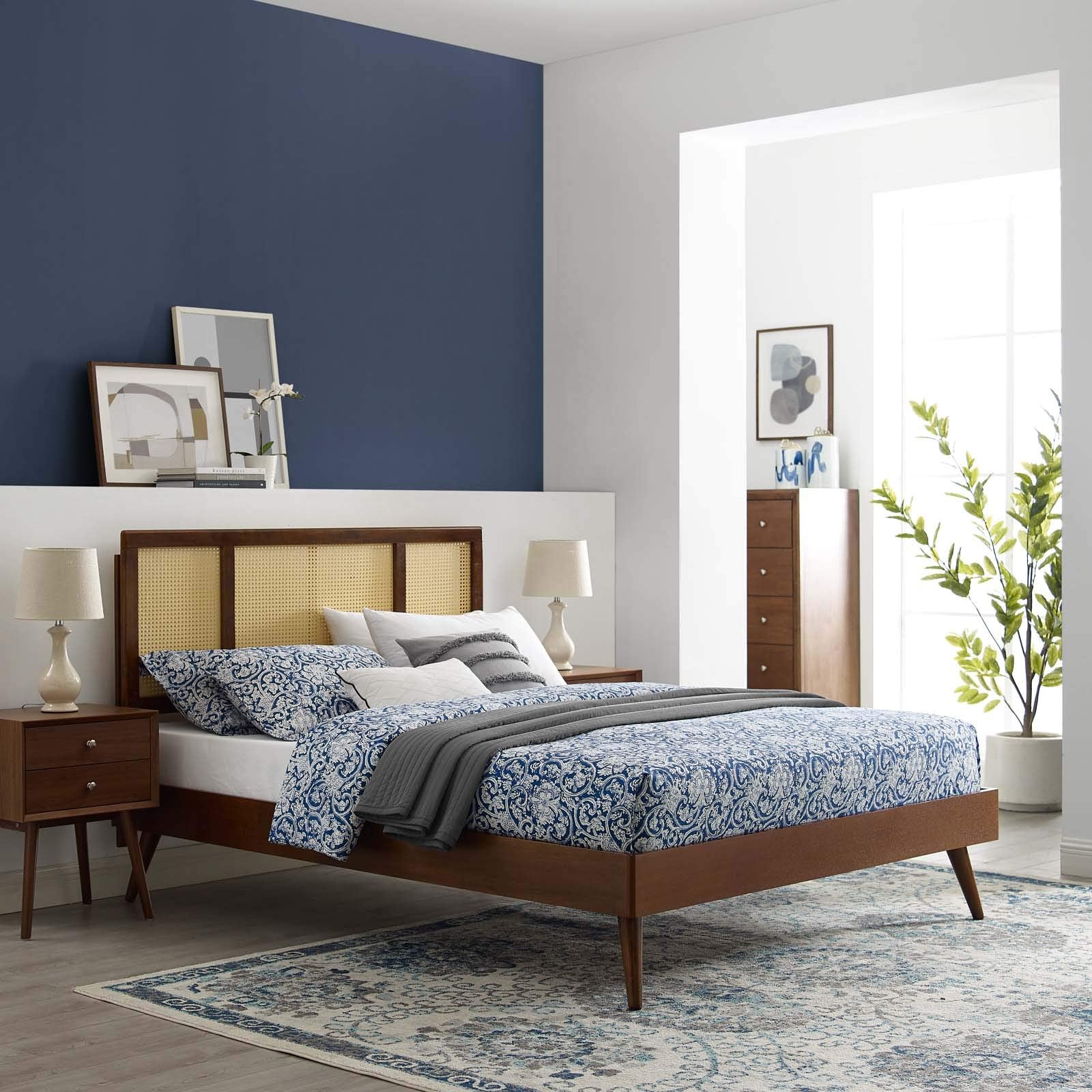 Modway Kelsea Cane And Wood Full Platform Bed With Splayed Legs In Walnut