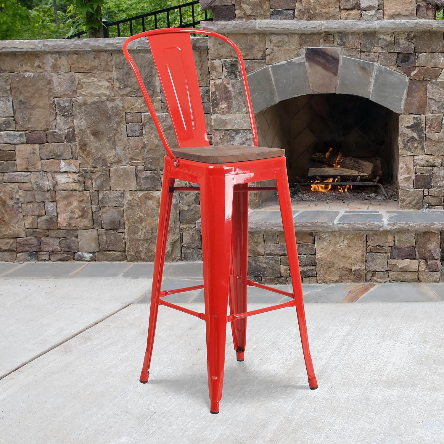 Flash Furniture Lily 30" High Red Metal Barstool with Back and Wood Seat (Pack of 1)