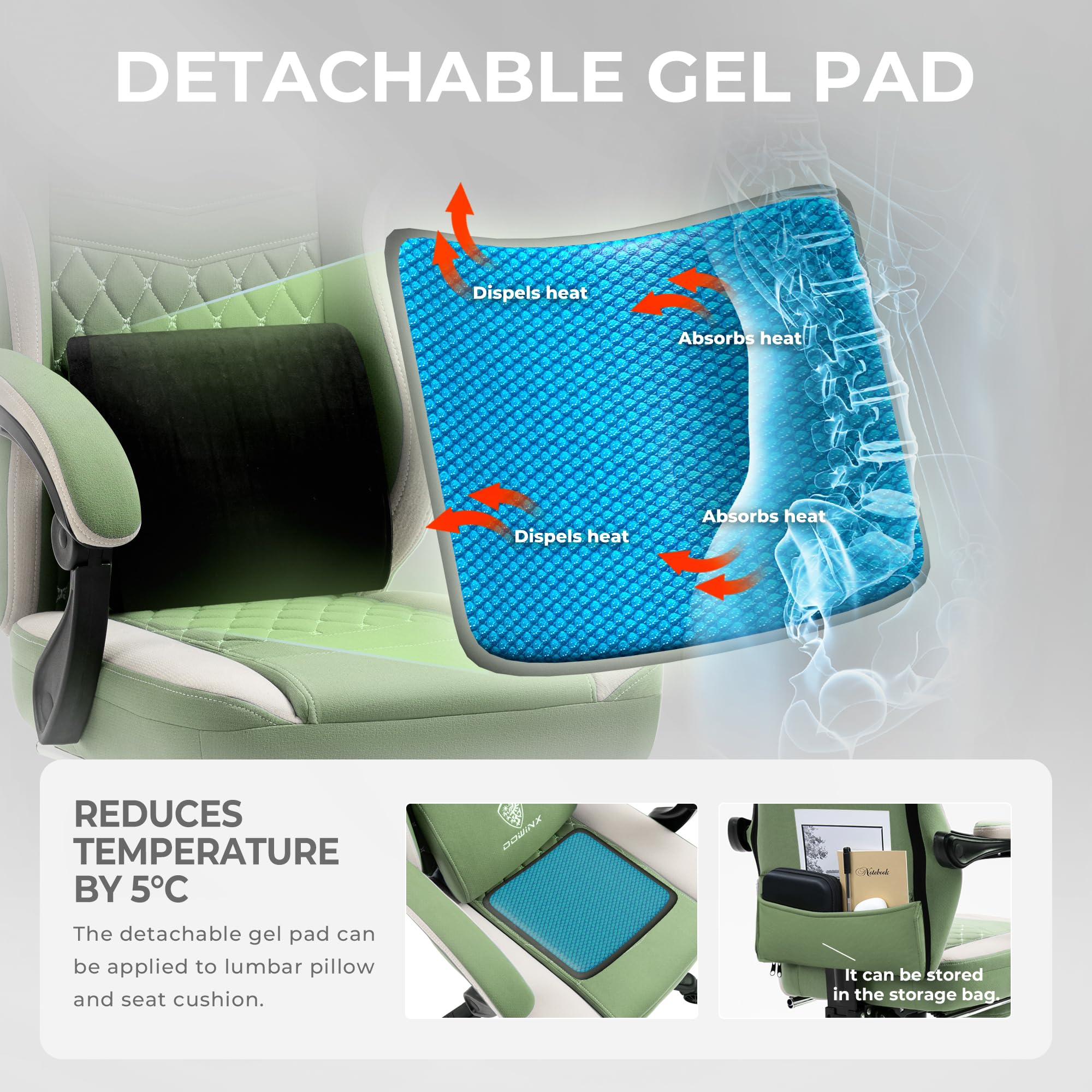 Dowinx Gaming Chair Breathable Fabric Computer Chair With Pocket Spring Cushion, Comfortable Office Chair With Gel Pad And Storage Bag,Massage Game Chair With Footrest,Green