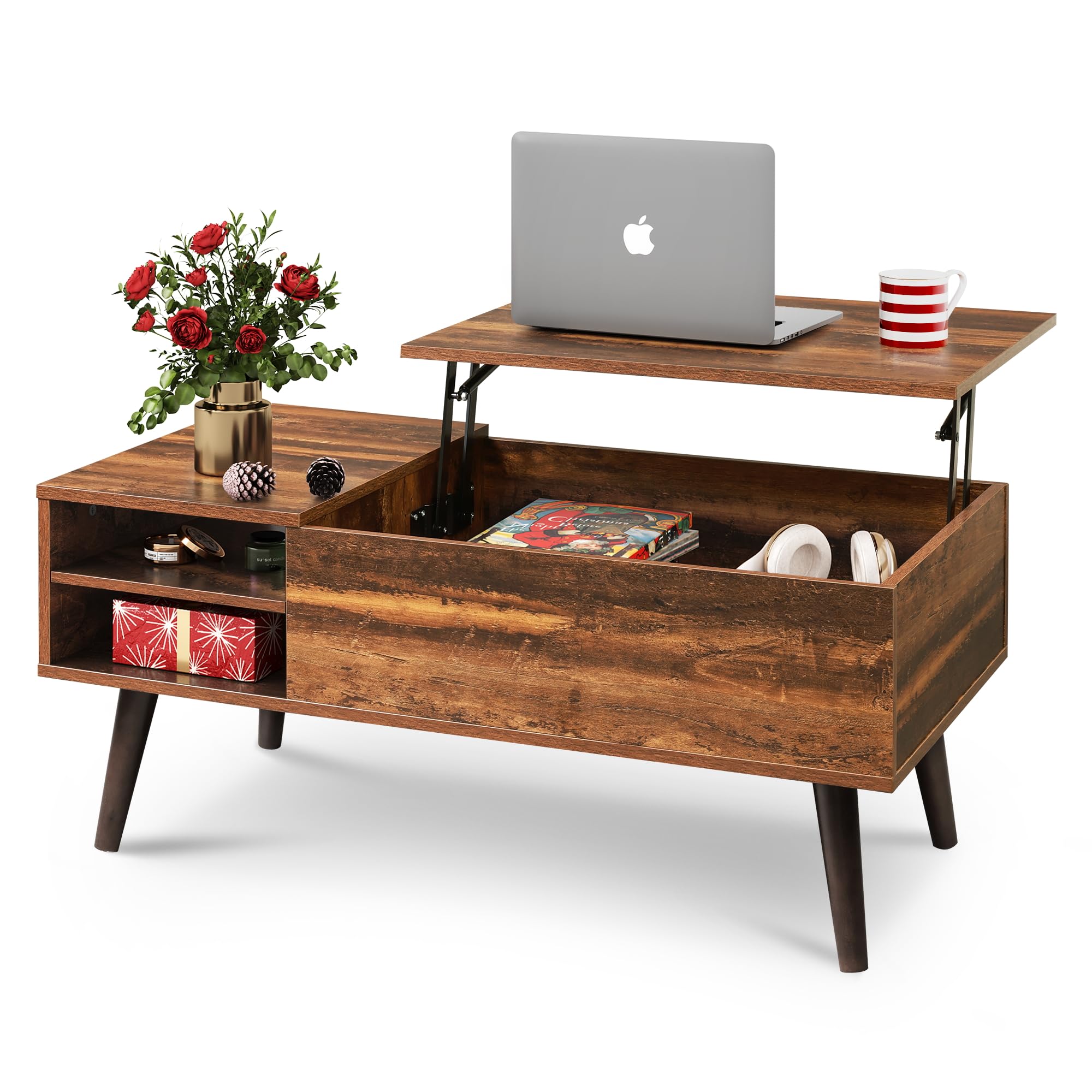 Wlive Wood Lift Top Coffee Table With Hidden Compartment And Adjustable Storage Shelf, Lift Tabletop Dining Table For Home Living Room, Office, Rustic Oak