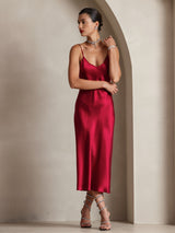 [Wine] SilkSilky  Spaghetti Strap V Neck Dress 006