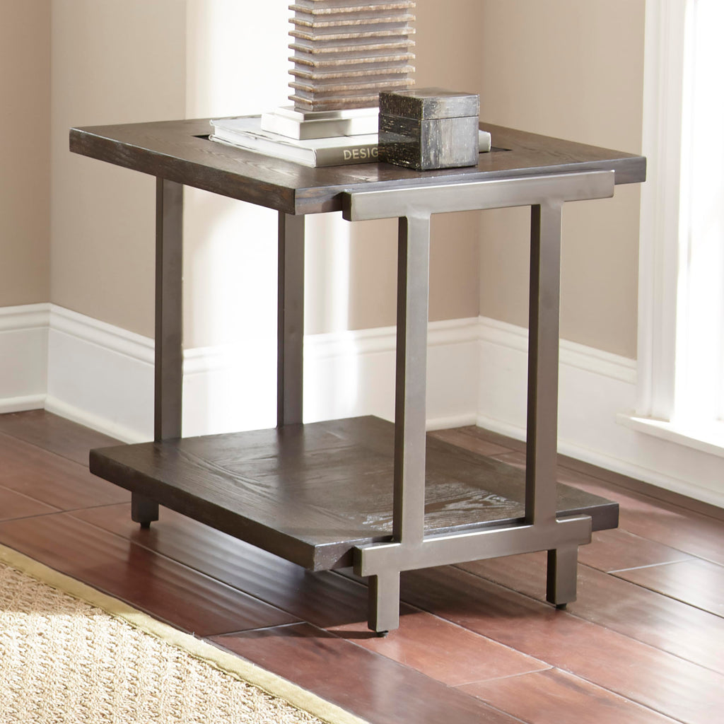 Steve Silver Furniture Terrell End Table, Rustic Industrial Design, Tempered Glass, Wood Top, Iron Frame, Smoky Brown Finish, for Living Room, Home Office, 24" L x 24" W x 24" H, Brown