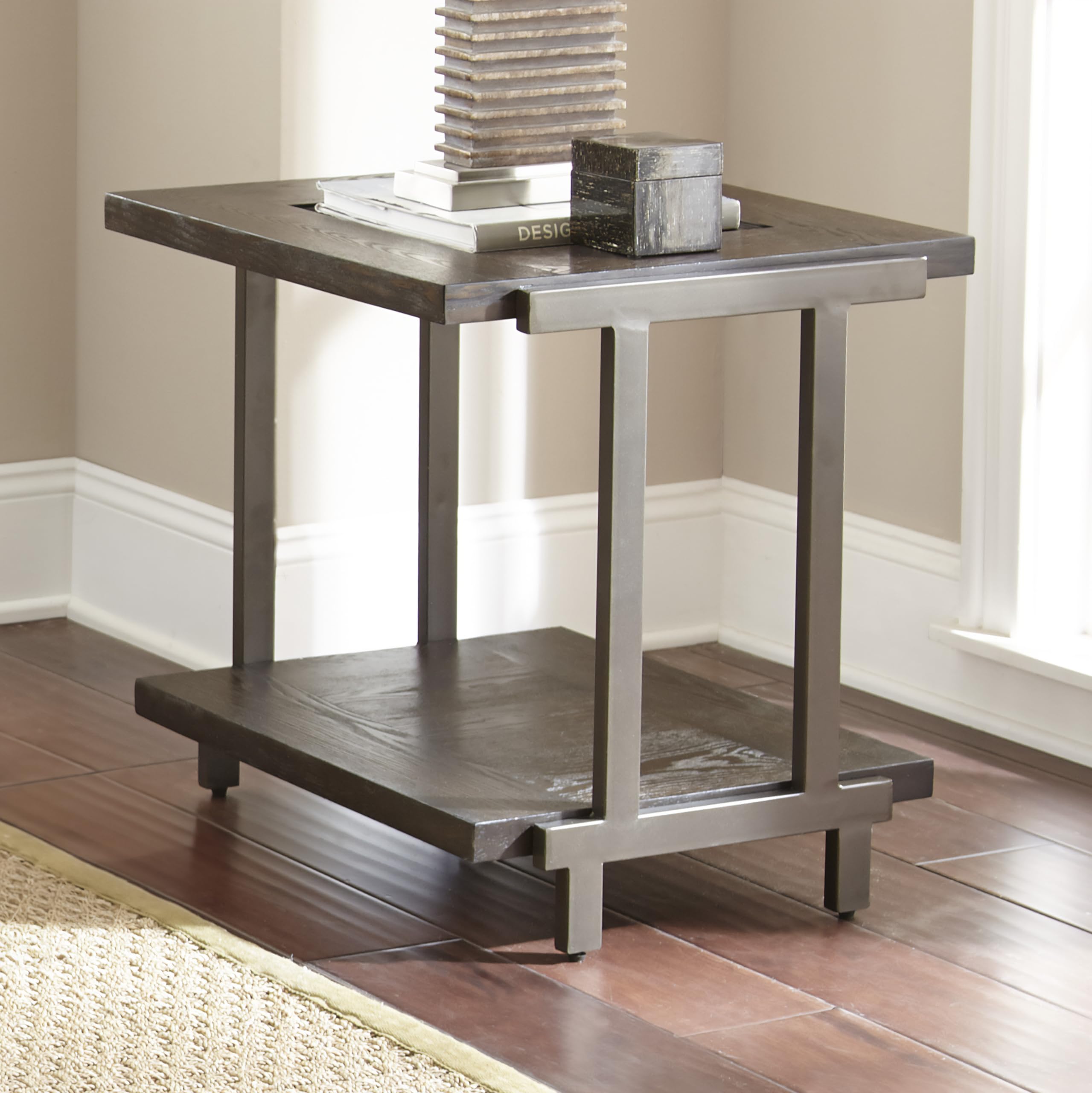 Steve Silver Furniture Terrell End Table, Rustic Industrial Design, Tempered Glass, Wood Top, Iron Frame, Smoky Brown Finish, for Living Room, Home Office, 24" L x 24" W x 24" H, Brown