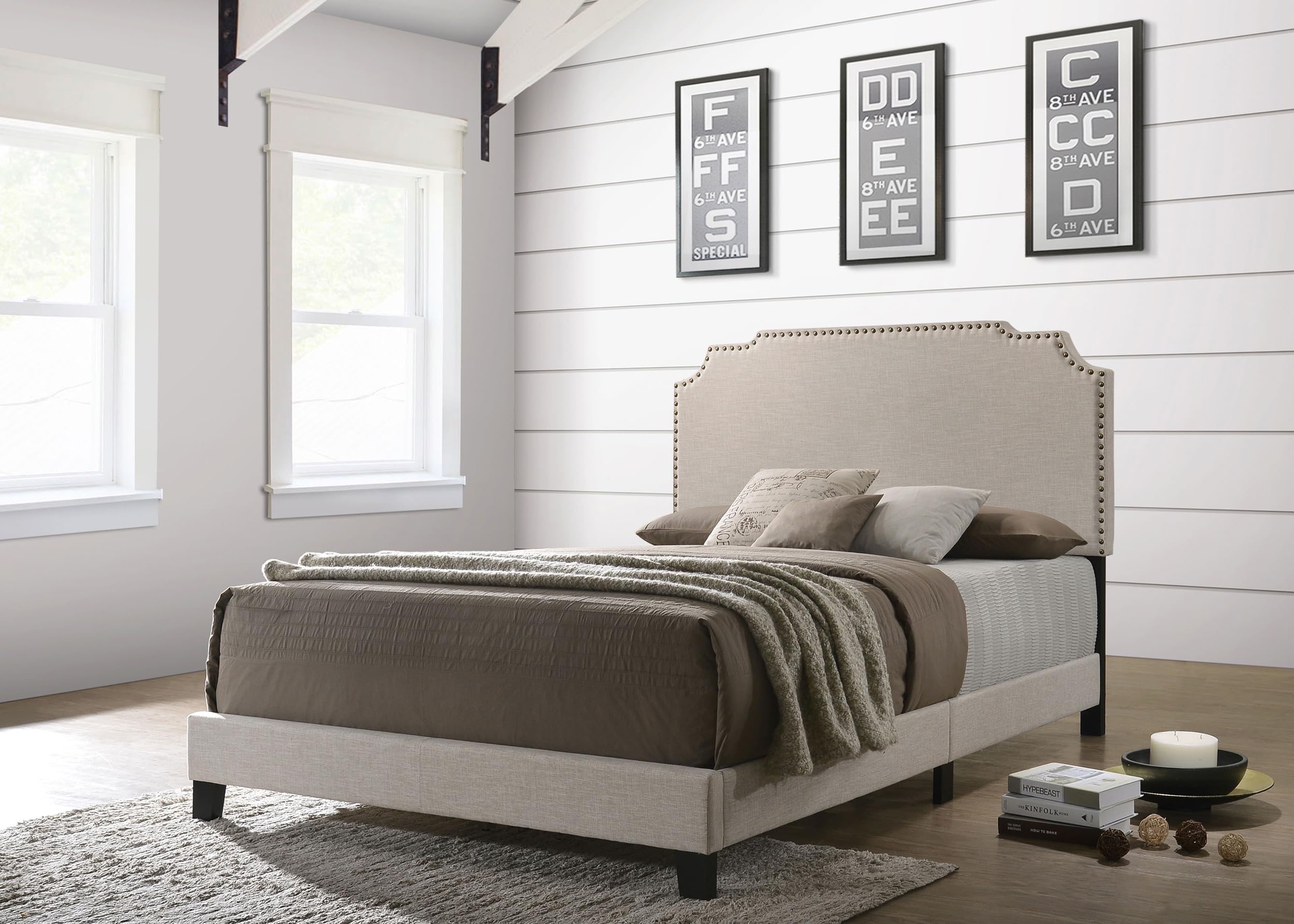 Coaster Home Furnishings Tamarac Transitional Fabric Upholstered Eastern King Size Panel Bed Frame 51-inch Headboard Beige 310061KE
