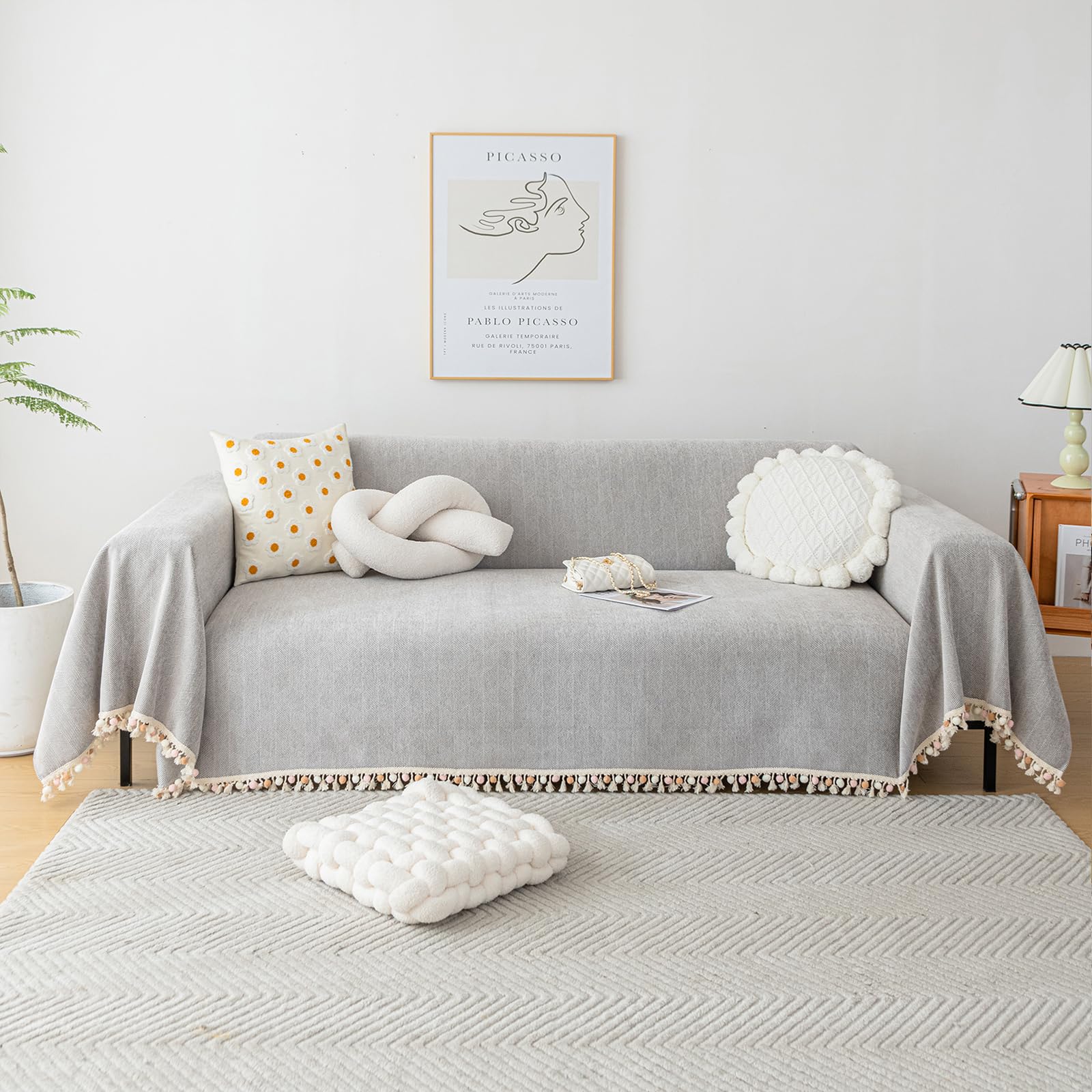 Handontime Grey Sofa Cover For Couch Boho Couch Cover For 3 Seat Couch Dog Couch Cover Love Seat Couch Covers Light Grey Sofa Sectional Cover 71' X134' Tassel Chenille Herringbone Sofa Covers