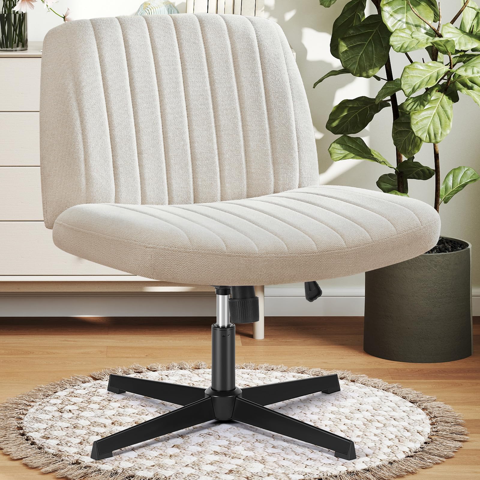 DUMOS Desk Chair No Wheels, Criss Cross Chair Wide Cross Legged Office Desk Vanity Comfy Chair, Armless Adjustable Swivel Chairs