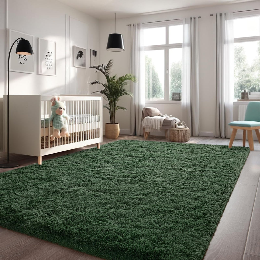 Larhom Fluffy Area Rugs For Living Room Bedroom, 4X6 Dark Green Ultra Soft Plush Fuzzy Rug, Anti-Skid Indoor Carpet Nursery Rugs