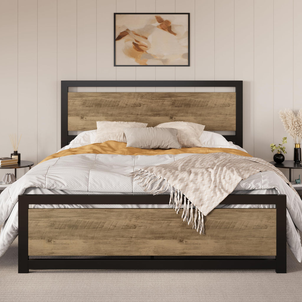 Sha Cerlin Full Size Bed Frame With Modern Headboard, Heavy Duty Platform Metal Base With Square Footboard And 13 Strong Slats Support, No Box Spring Needed, Brown