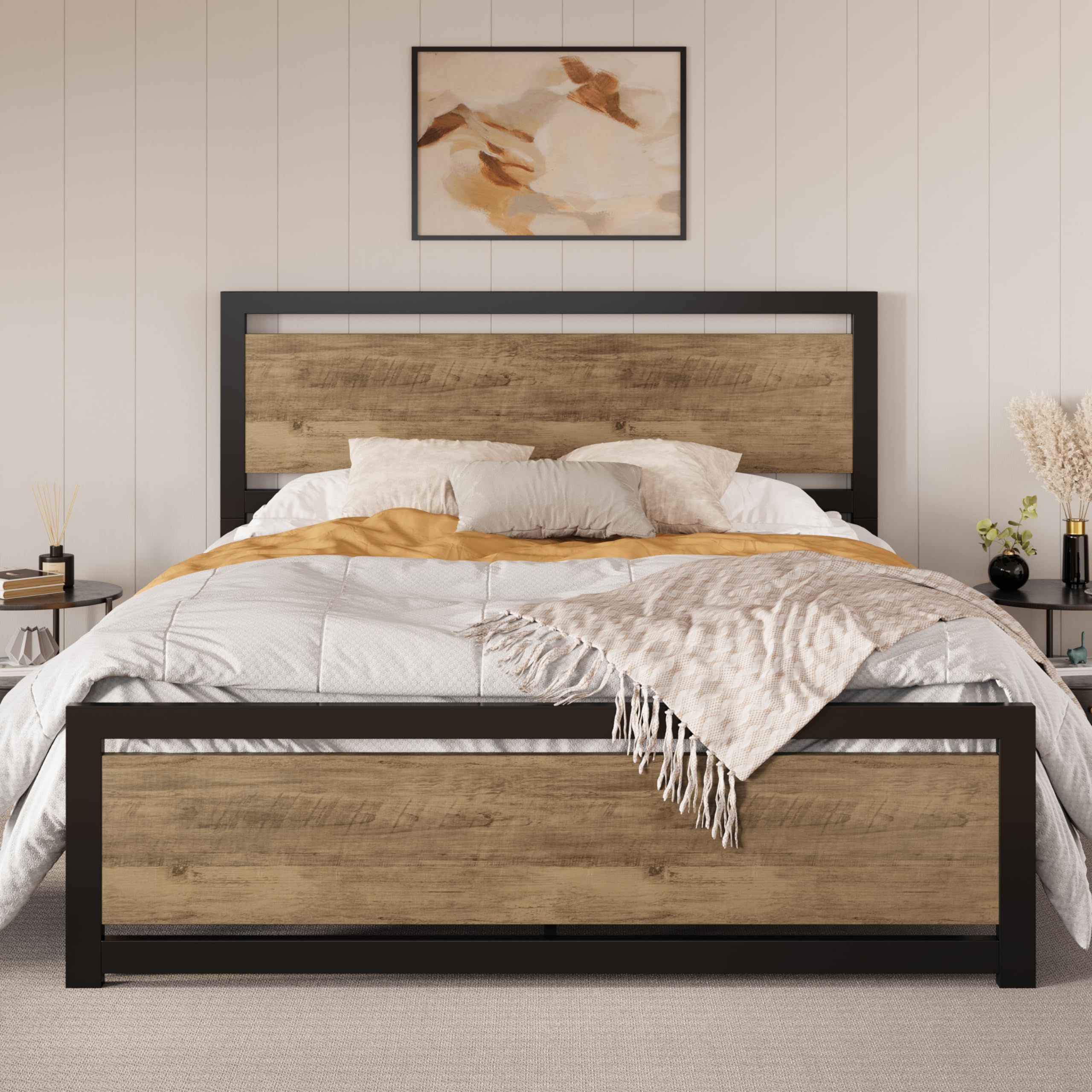 Sha Cerlin Full Size Bed Frame With Modern Headboard, Heavy Duty Platform Metal Base With Square Footboard And 13 Strong Slats Support, No Box Spring Needed, Brown