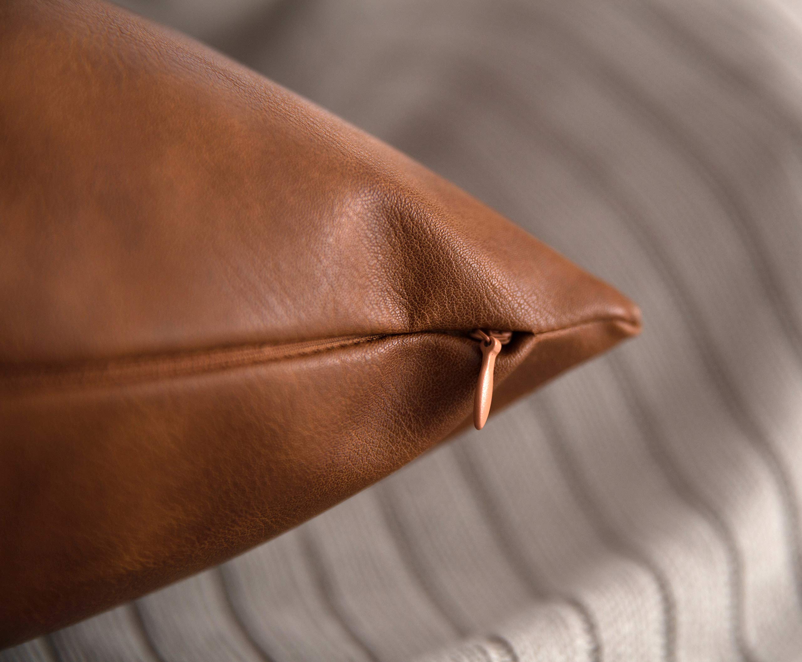 HOMFINER Faux Leather Throw Pillow Covers Set of 2, 20x20 inch, Thick Cognac Brown, Modern Decorative Cases for Couch and Bed