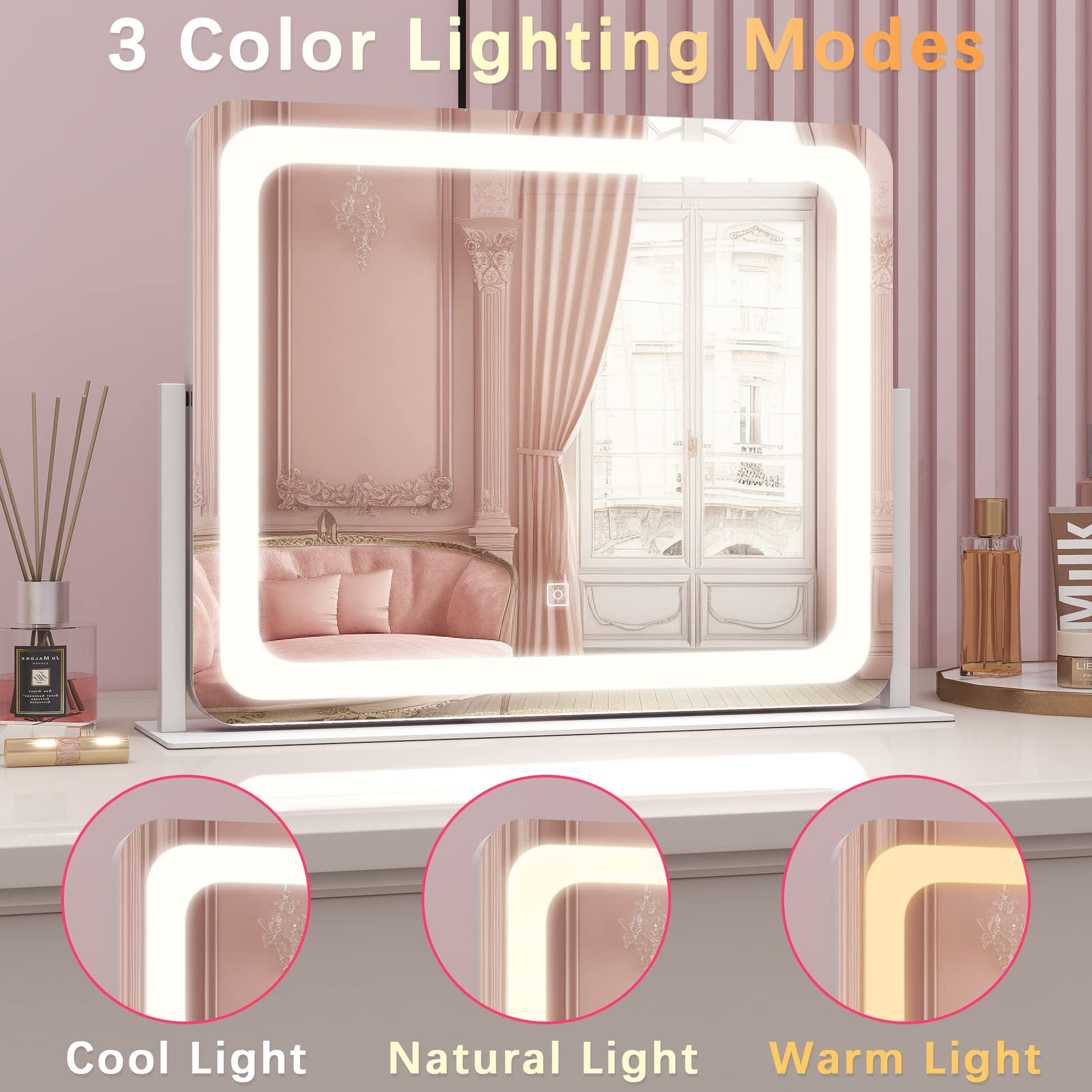 ROLOVE Large Vanity Mirror with Lights, 22"x17" Dimmable LED Makeup Mirror, Smart Touch Control, 360° Rotation, White Aluminum Alloy Frame
