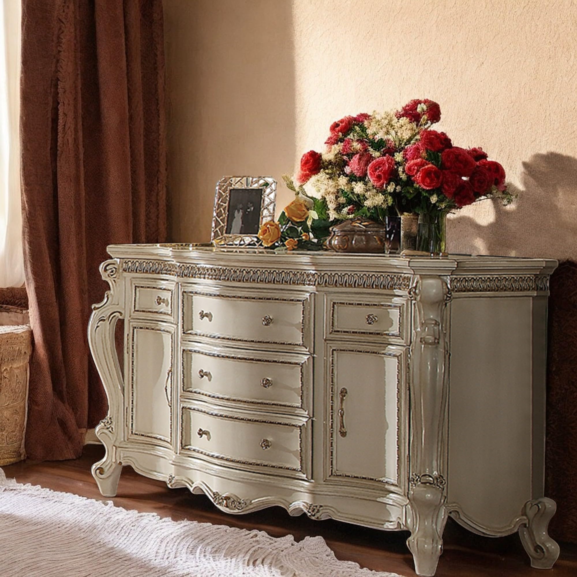 ACME Furniture 5 Drawers and 2 Doors Wood Dresser, 64.17" L x 22.05" W x 37.4" H, Antique Pearl