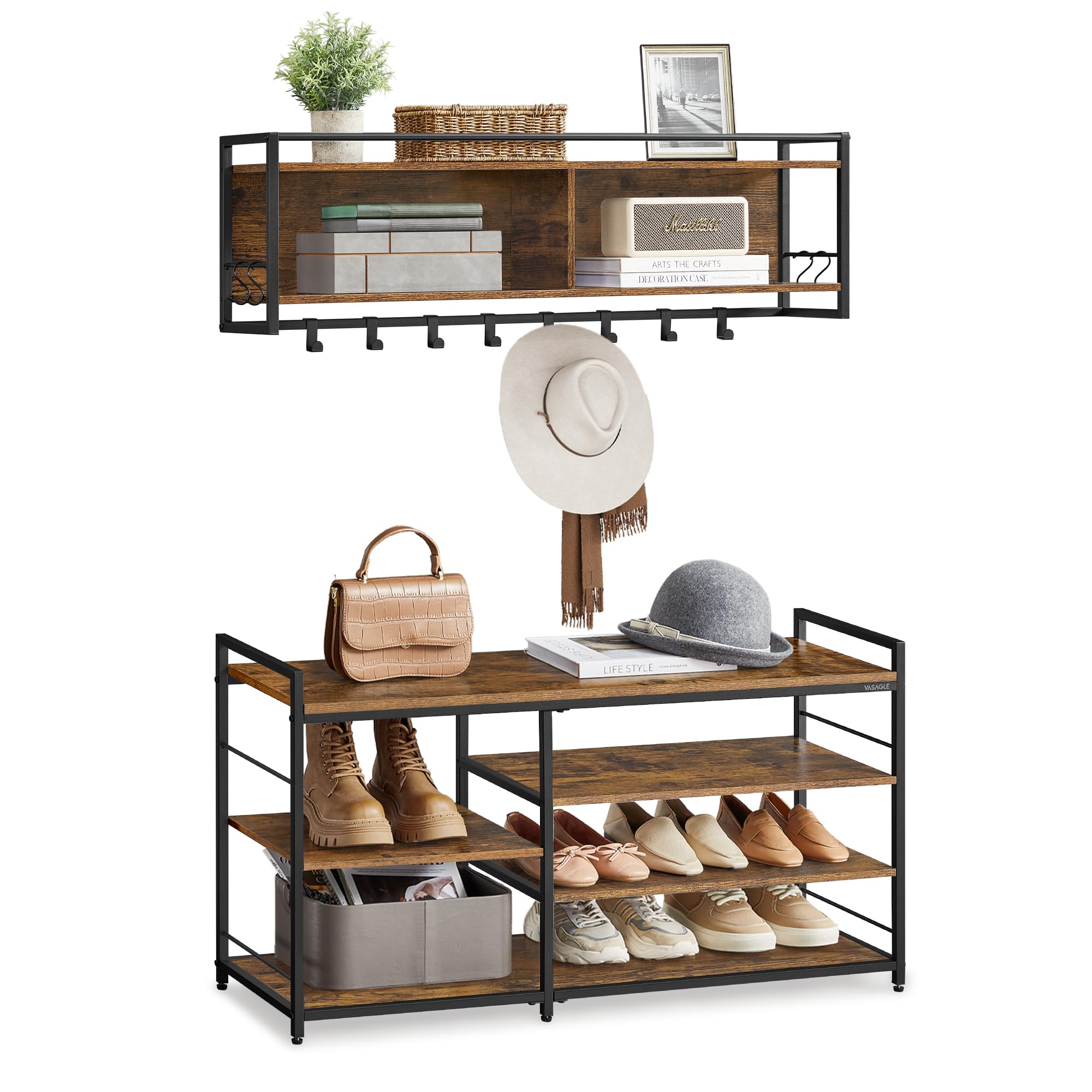 VASAGLE Hall Tree with Shoe Bench, Coat Rack Shoe Bench Set, Entryway Furniture, Multifunctional, 12 Metal Hooks, 4-Tier Shoe Ra