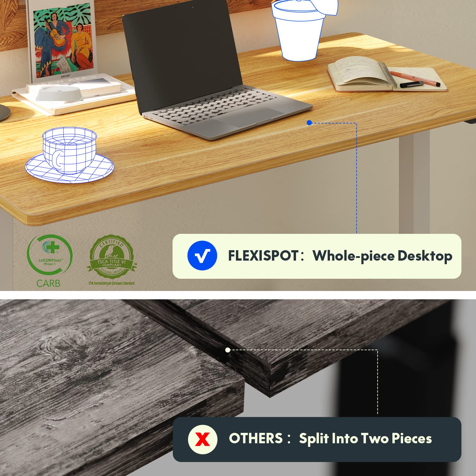 Flexispot En1 Electric Stand Up Desk 55 X 28 Inches Whole-Piece Desk Ergonomic Memory Controller Standing Desk Height Adjustable Desk(Black Frame + 55' Maple Top, 2 Packages)