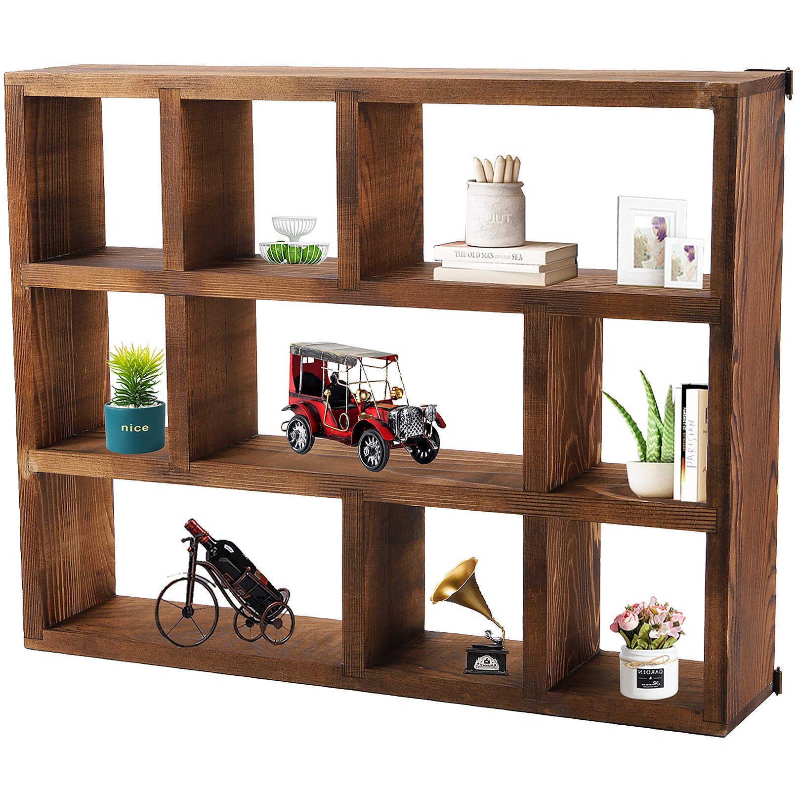 WUWEOT Shadow Box Display Shelf, 15'' x 11.8'' 9-Slot Rustic Floating Shelves, Wood Finish Wall Mountable/Freestanding Shelf for