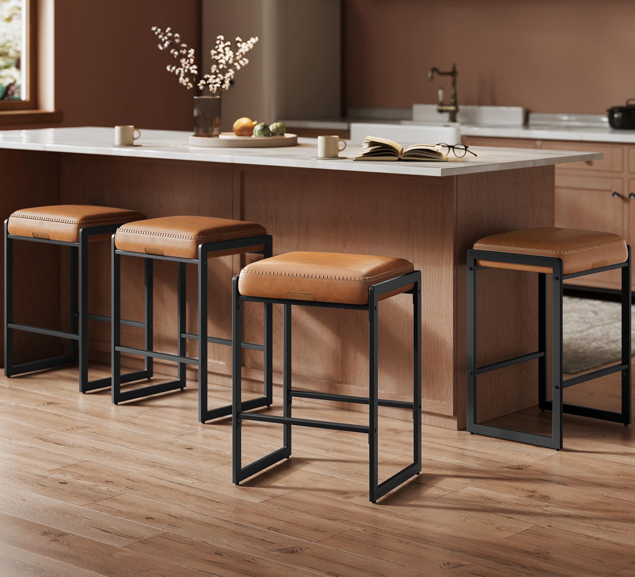 VASAGLE EKHO Collection - Bar Stools Set of 4, Counter Height Bar Stools, Synthetic Leather with Stitching, Mid-Century Modern C