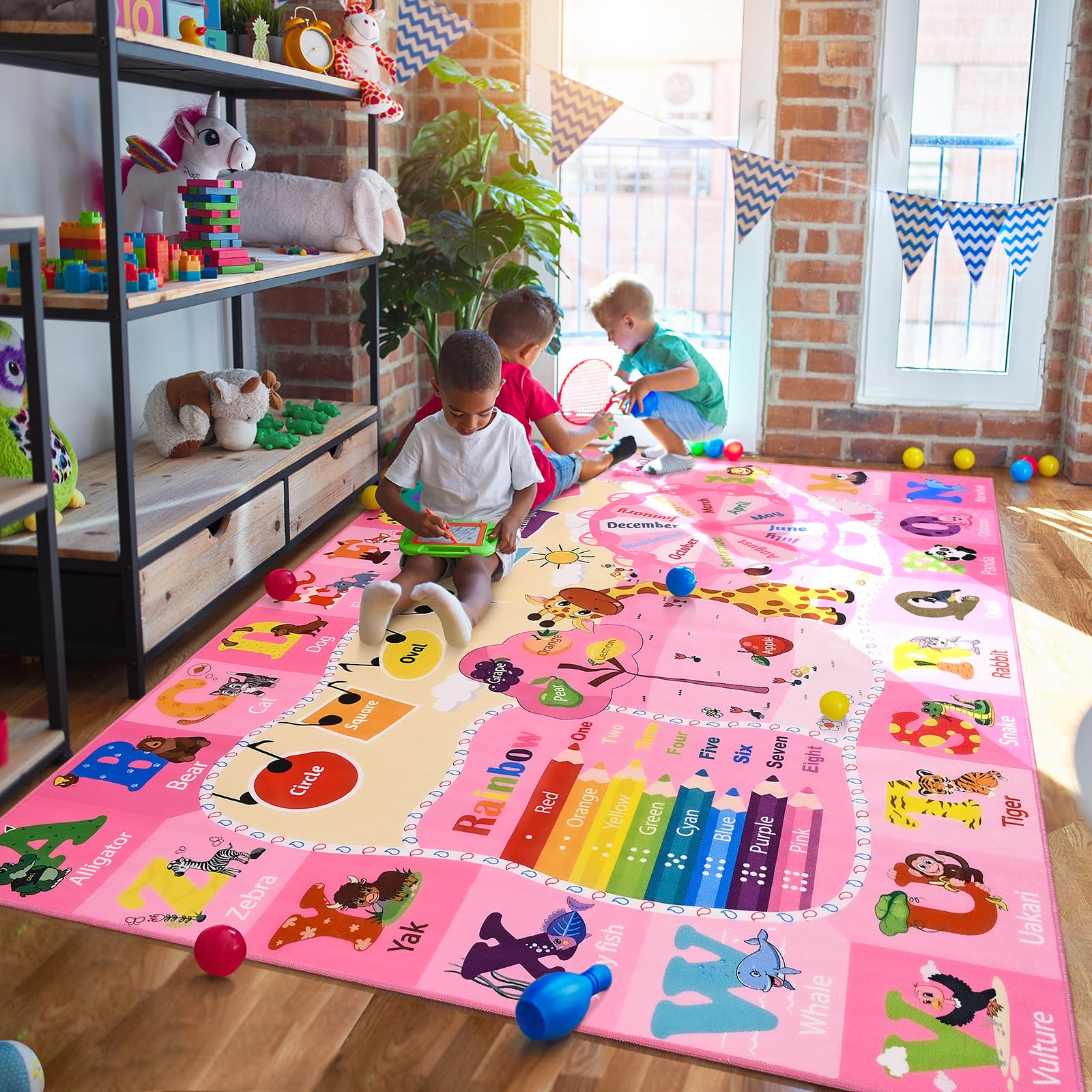 Pink Playroom Rug 4X6,Rugs For Girls Kids Bedroom Nursery Rug,Abc Rug With Alphabets Animals Shapes,Educational And Fun Child Pl
