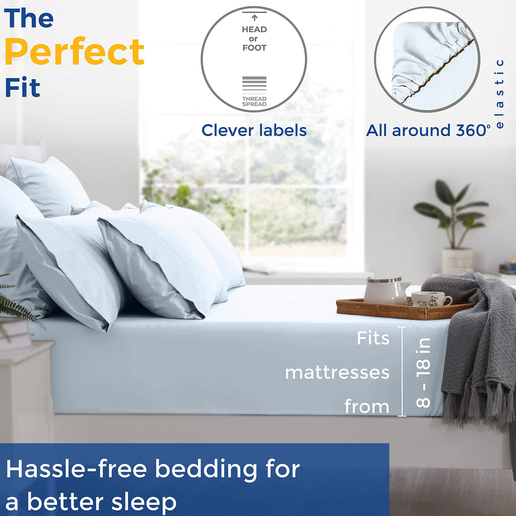 Pure Egyptian Split King Size Cotton Bed Sheets Set (King Split,600 Thread Count) Light Blue Bedding And Pillow Cases (5 Pc) - Egyptian Cotton Sheets Split King Size Bed-Sateen Sheets-16?Deep Pocket