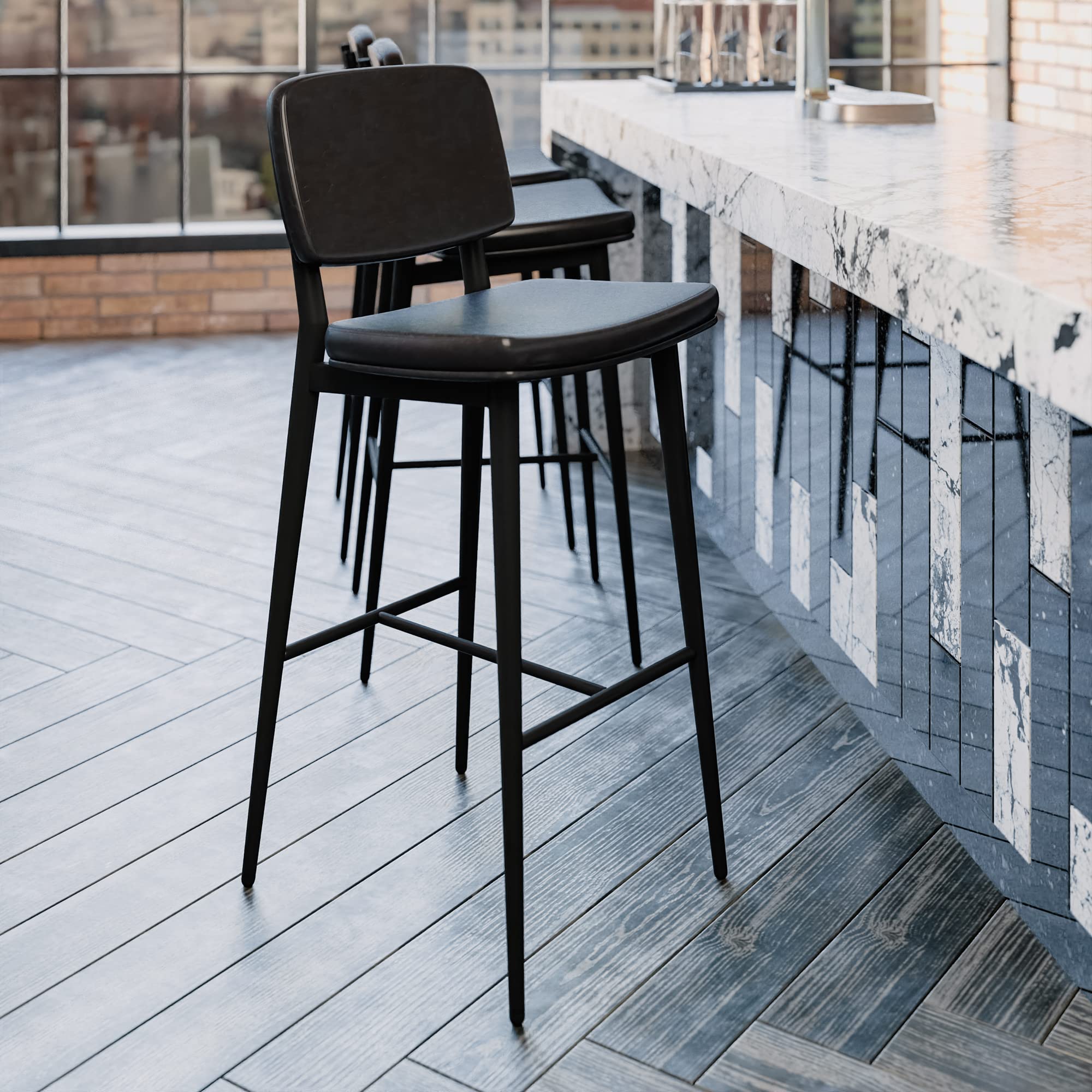 Flash Furniture Kenzie Commercial Grade Mid-Back Barstools - Black LeatherSoft Upholstery - Black Iron Frame with Integrated Footrest - Set of 2