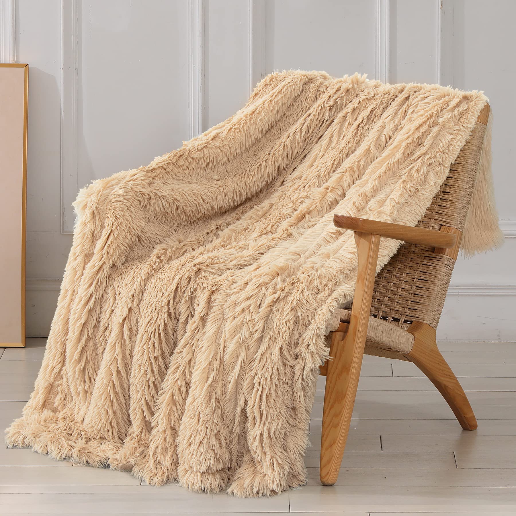 Tuddrom Decorative Extra Soft Faux Fur Blanket Twin Size 70'' x 78'',Solid Reversible Fuzzy Long Hair Shaggy Blanket,Fluffy Cozy