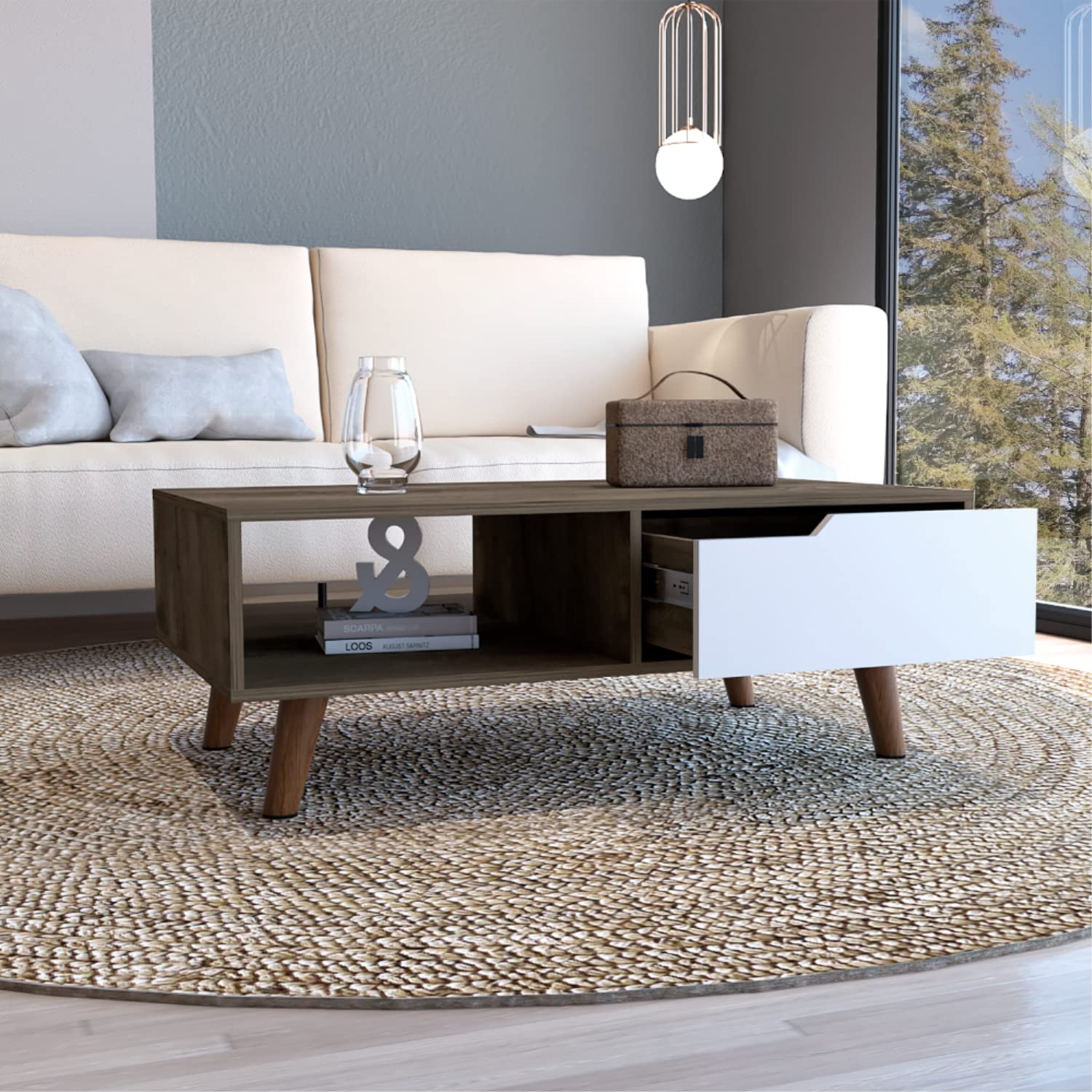 Kobe Coffee Table 2.0 With Open Shelf And Cabinet, Dark Brown/White