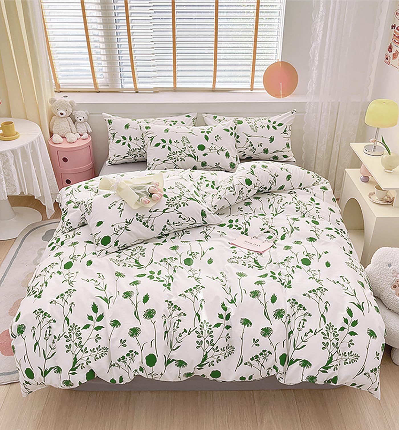 Karever Botanical Comforter Set King White And Sage Floral Plant Bedding Comforter Set Girls Garden Pattern Printed On White Bla
