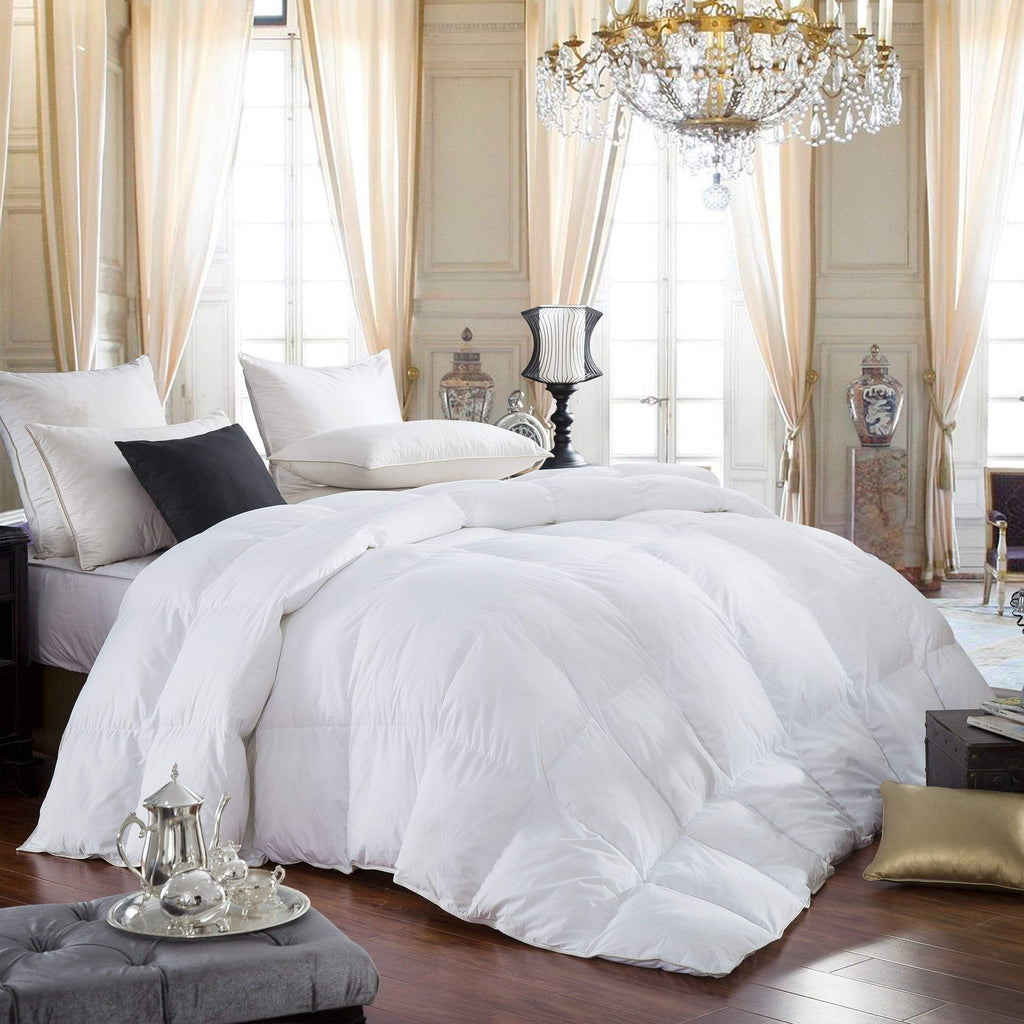 Luxurious Queen Size Siberian Goose Down Comforter, 600 Thread Count 100% Egyptian Cotton Cover, Solid White Color, 60 Oz Fill W