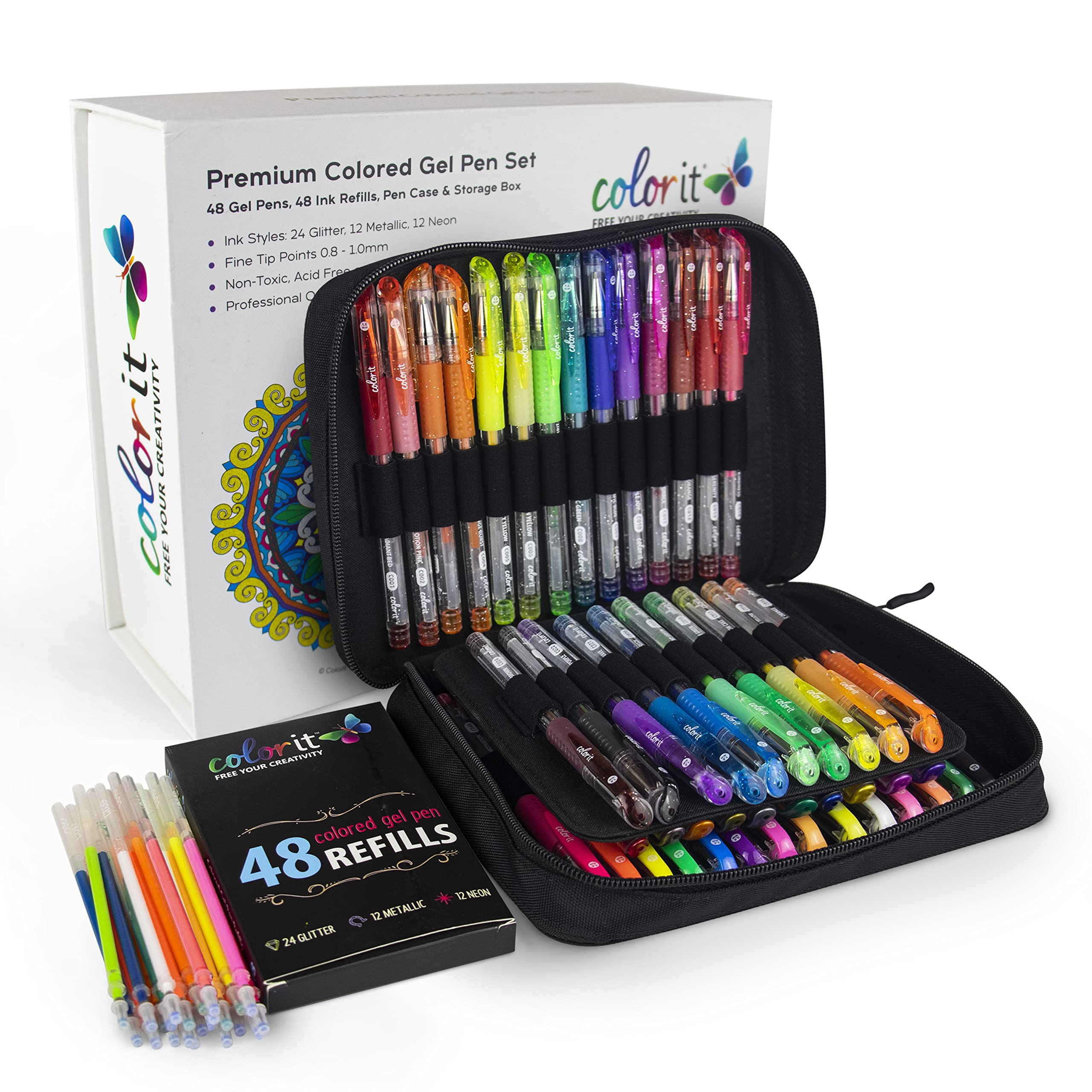 Colorit Glitter Gel Pens For Adult Coloring Books 96 Pack - 48 Premium Quality Glitter Pens And Glitter Markers For Adult Colori