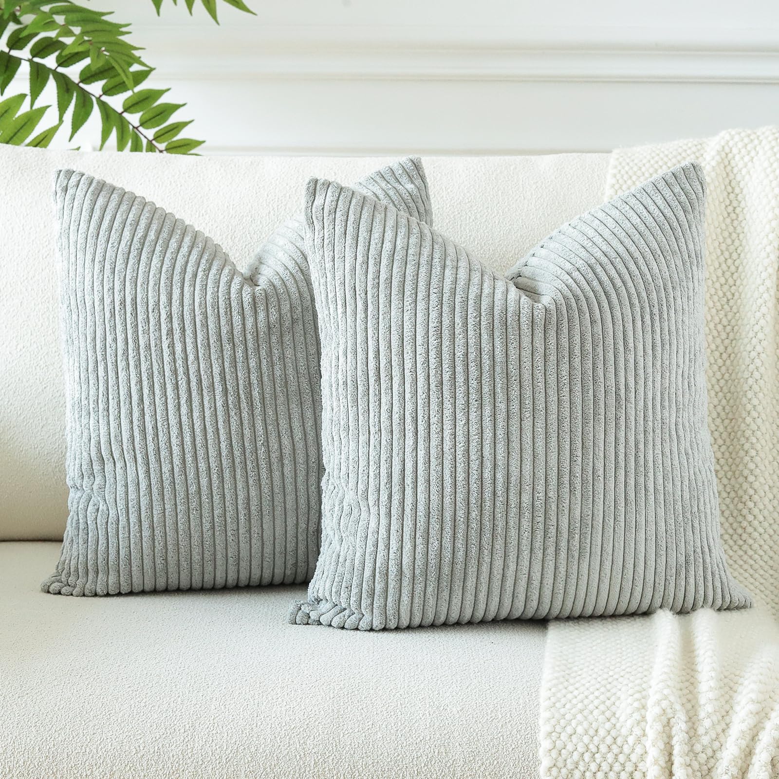 Otostar Pack Of 2 Throw Pillow Covers 18 X 18 Inch Soft Corduroy Decorative Square Solid Striped Cushion Case Couch Farmhouse Home Boho Decor Throw Pillows For Sofa Bed Living Room (Grey Blue)