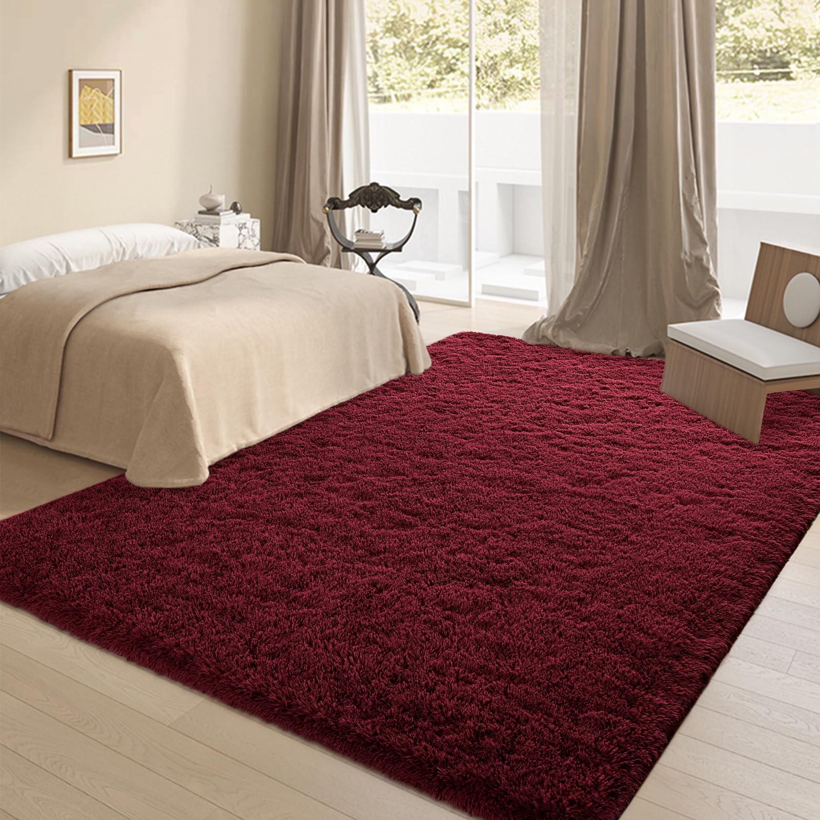 Falark Large Soft Area Rugs For Bedroom Living Room, 8X10 Ft Wine Red Fluffy Rug Carpets For Girls Kids Room, Shaggy Fuzzy Indoo