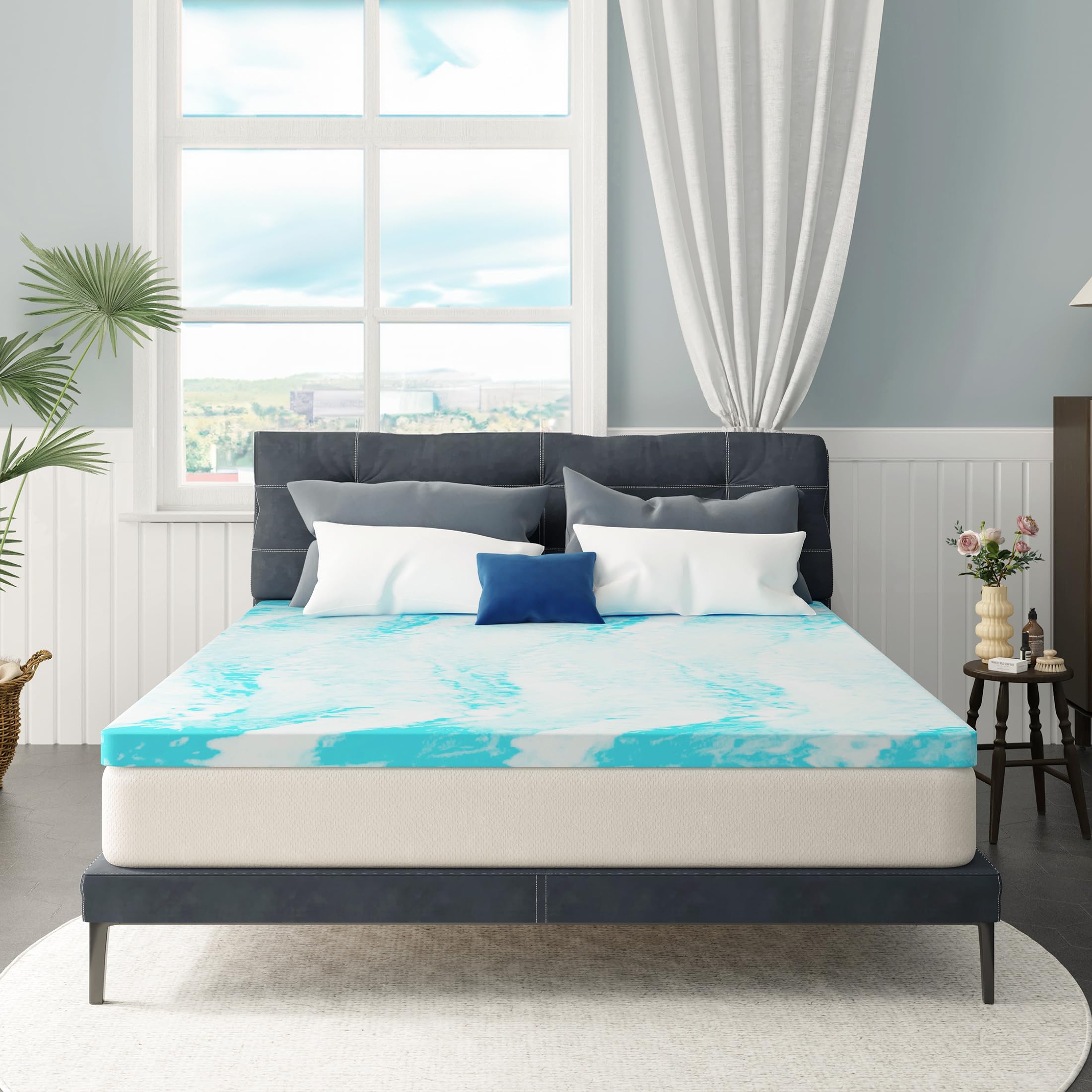King Mattress Topper 4 Inch Memory Foam Mattress Topper With Cooling Gel Infusion, Mattress Topper In A Box, Certipur-Us Certified, 76”X80”, Blue