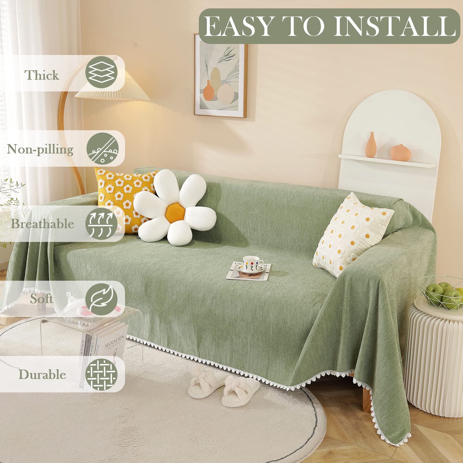 Handontime Couch Cover Green Sofa Covers L Shape Sage Couch Cushion Cover Dog Furniture Protector Soft Thick Slip Covers For Sofas/Couches Cover Cover For Dogs Kids Sofa Cover, 71' X118'