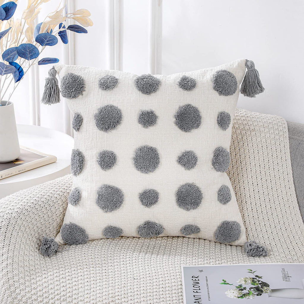 Panod Super Soft Farmhouse Decorative Plush Throw Pillow Covers 22 X 22 Grey,Solid Pom Pom Tufted With Tassels Modern Accent Boh