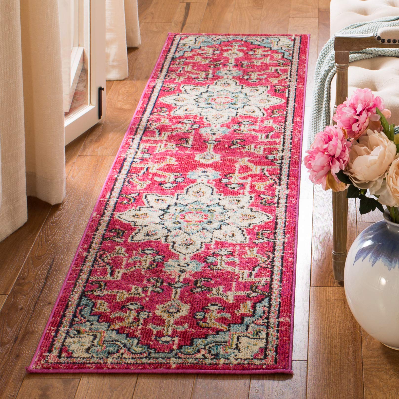 SAFAVIEH Madison Collection Runner Rug - 22 x 10, Fuchsia & Blue, Boho Chic Medallion Distressed Design, Non-Shedding & Easy C