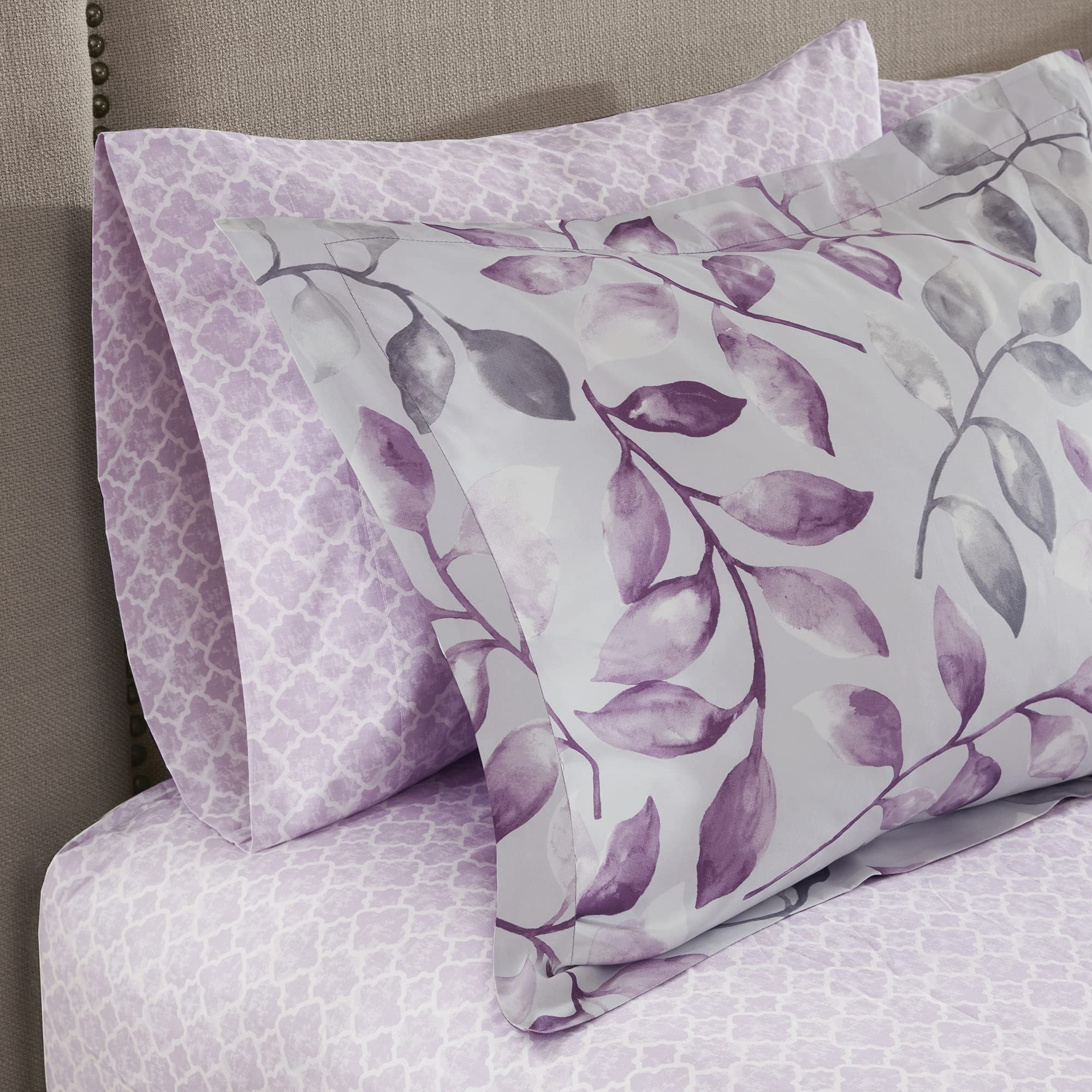 Madison Park Essentials Cozy Bed In A Bag Comforter With Complete Cotton Sheet Set - Trendy Floral Design All Season Cover, Decorative Pillow, Twin(68'X86'), Leaf Purple 9 Piece