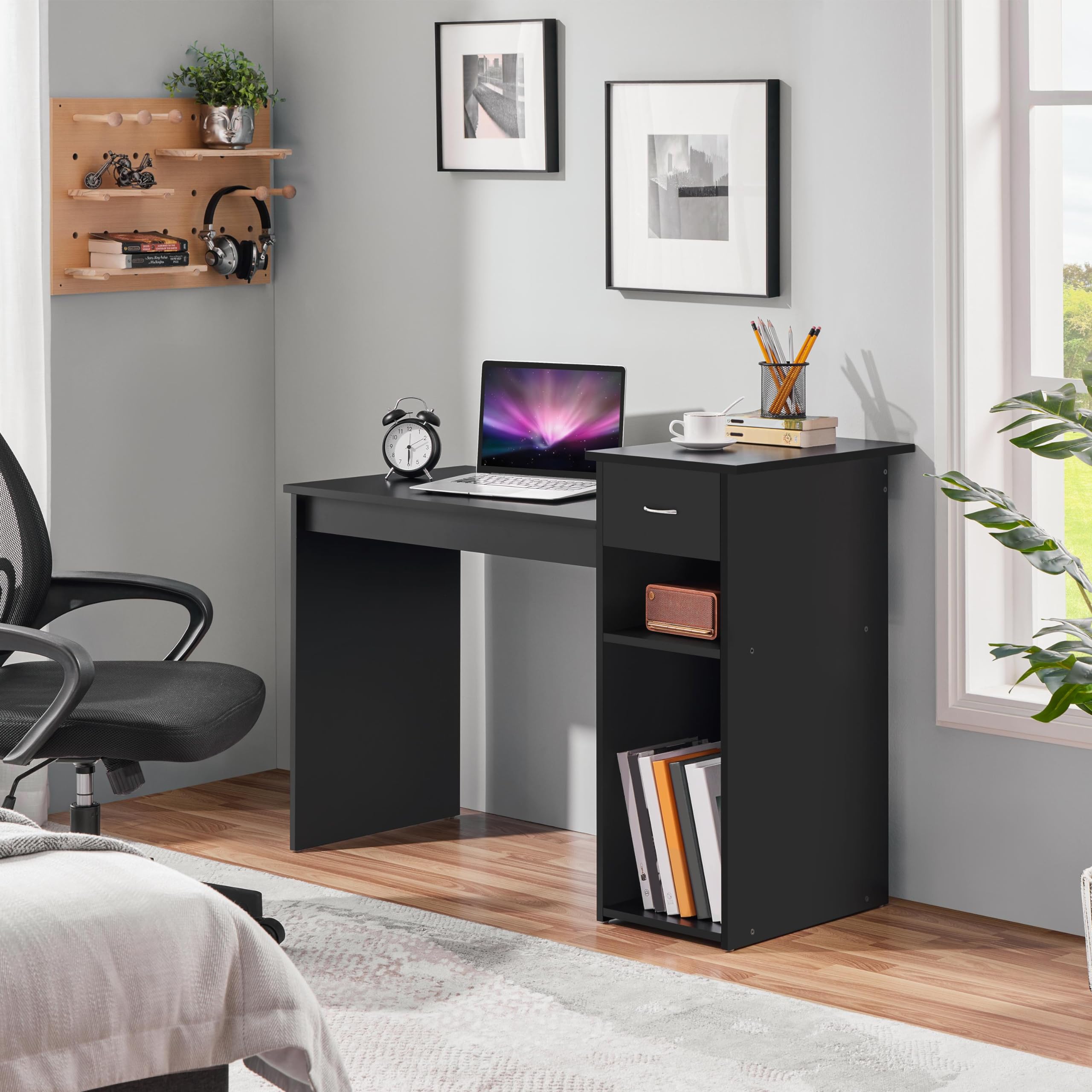 Yaheetech Home Office Computer Desk With Storage Drawer And Monitor Stand, Wooden Pc Laptop Desk, Modern Simple Style Computer Workstation Study Writing Desk, Black