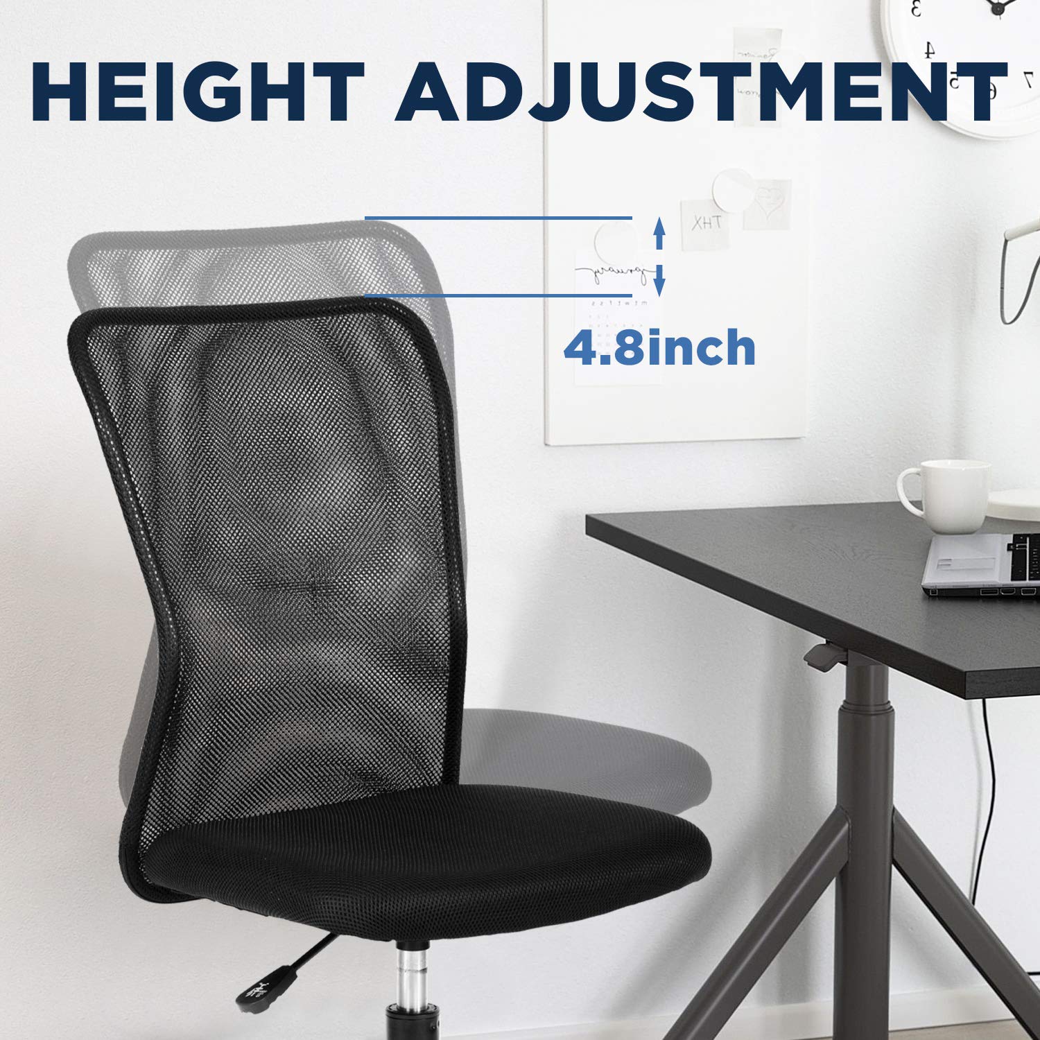 FDW Mid Back Mesh Office Chair, Ergonomic, Armless, Adjustable, 21.67D x 16.5W x 40.4H in, Black, Model: FDW