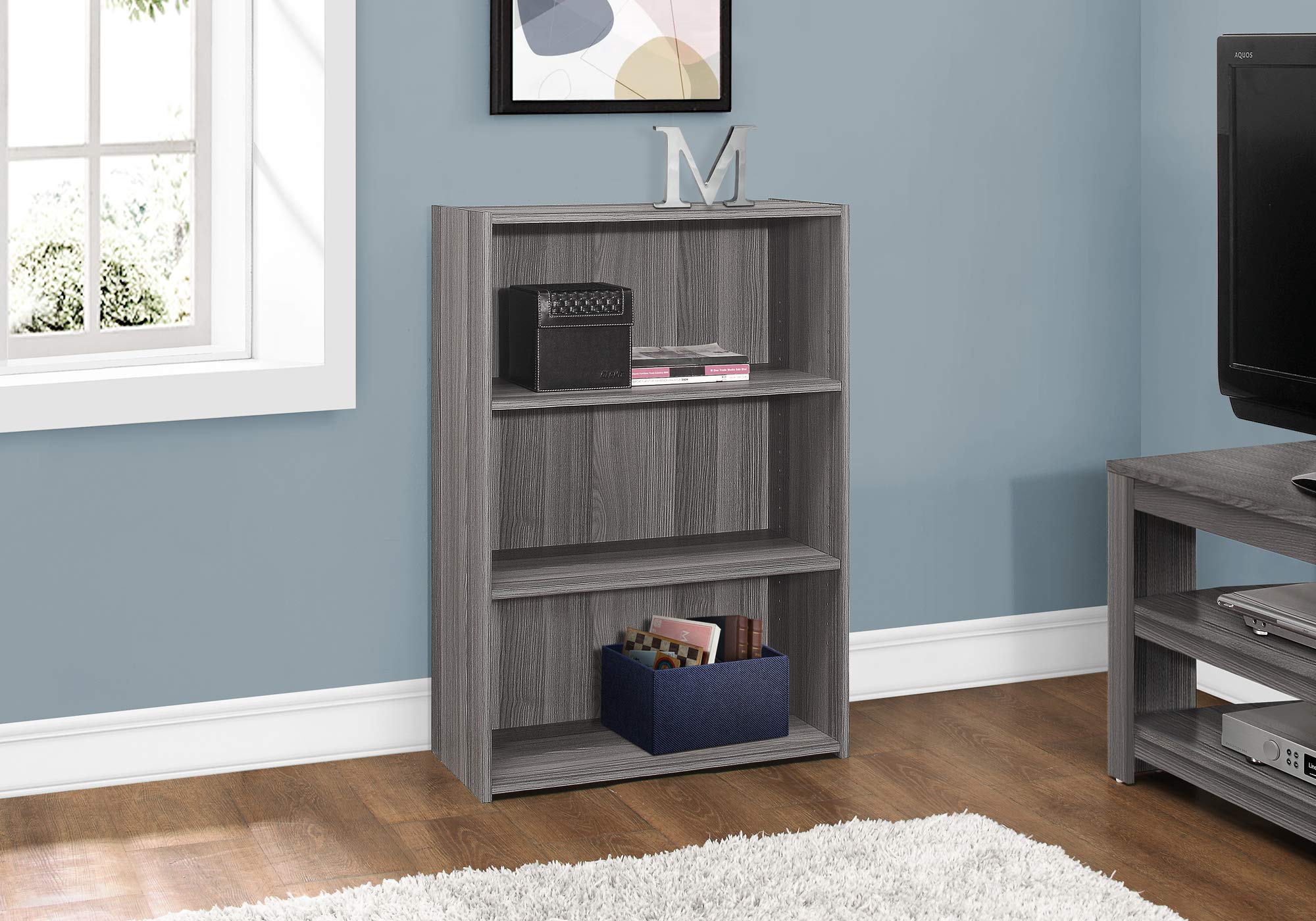 Monarch Specialties I BOOKCASE-36 H/Grey with 3 Shelves Bookcase, Gray