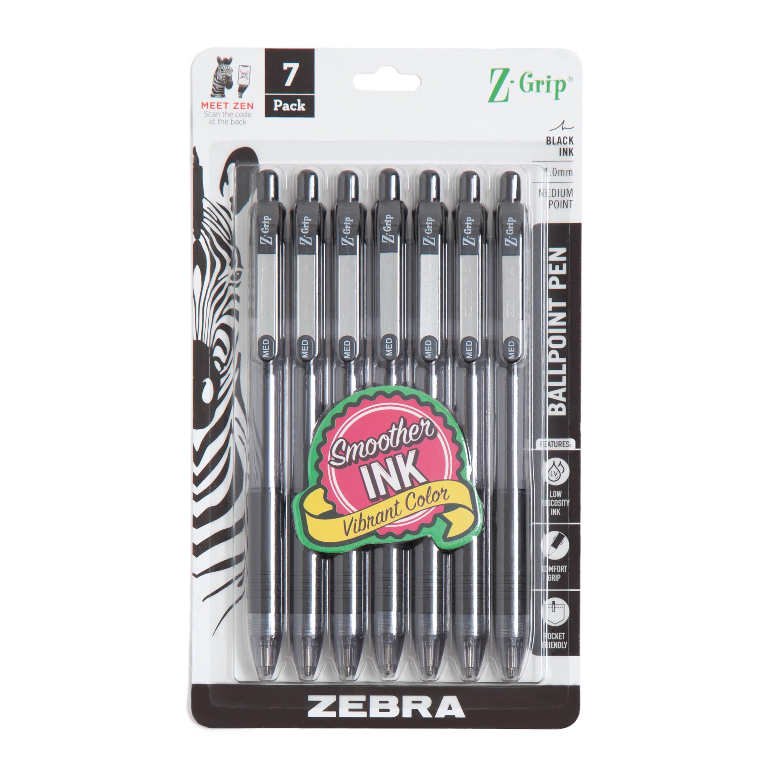 Zebra Z-Grip Rt Bp Pen, Black, 7 Pack (22271)