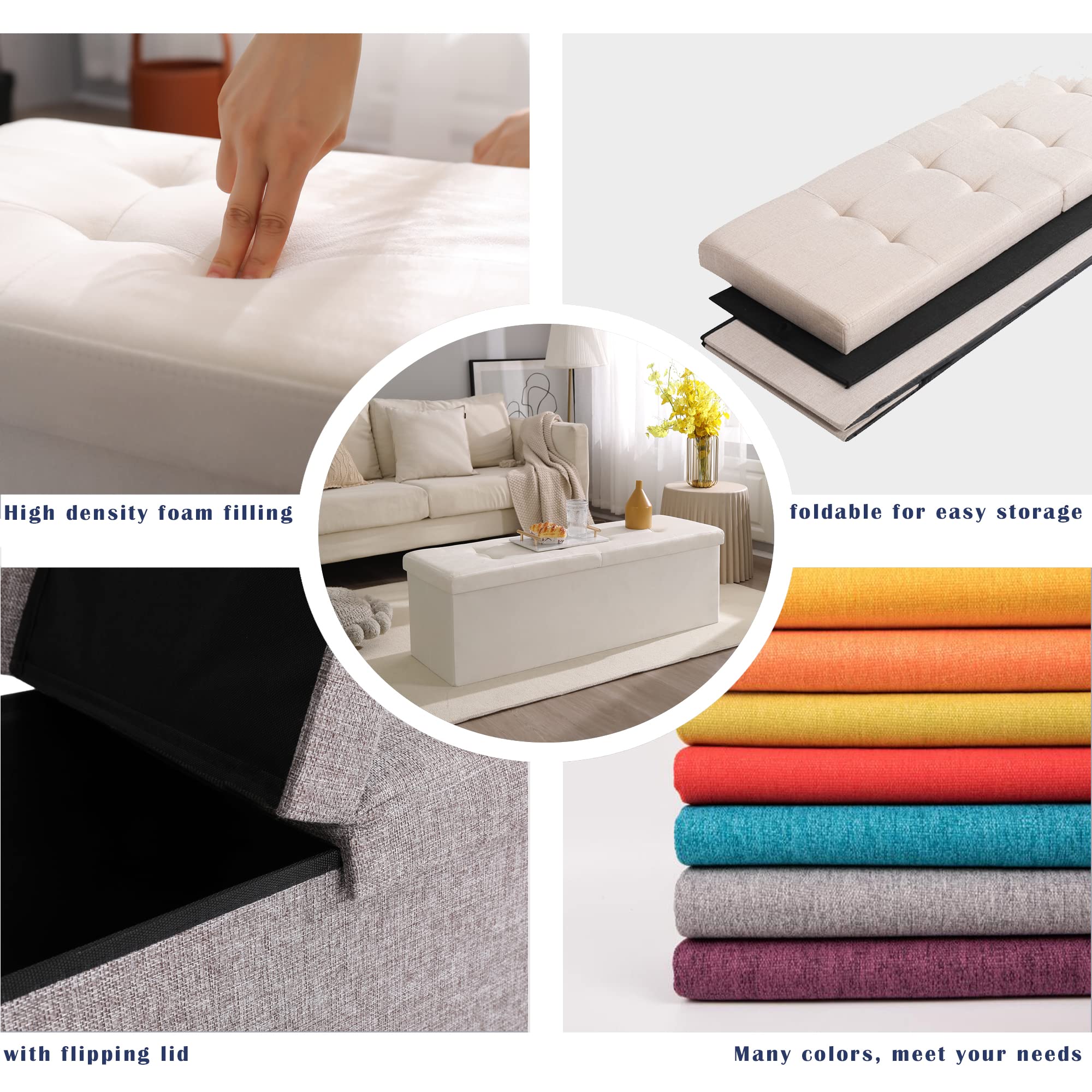 Cuyoca 45.3 Inches Storage Ottoman Bench Foldable Seat Footrest Shoe Bench End Of Bed Storage With Flipping Lid, 166L Storage Space, Linen Fabric Navy