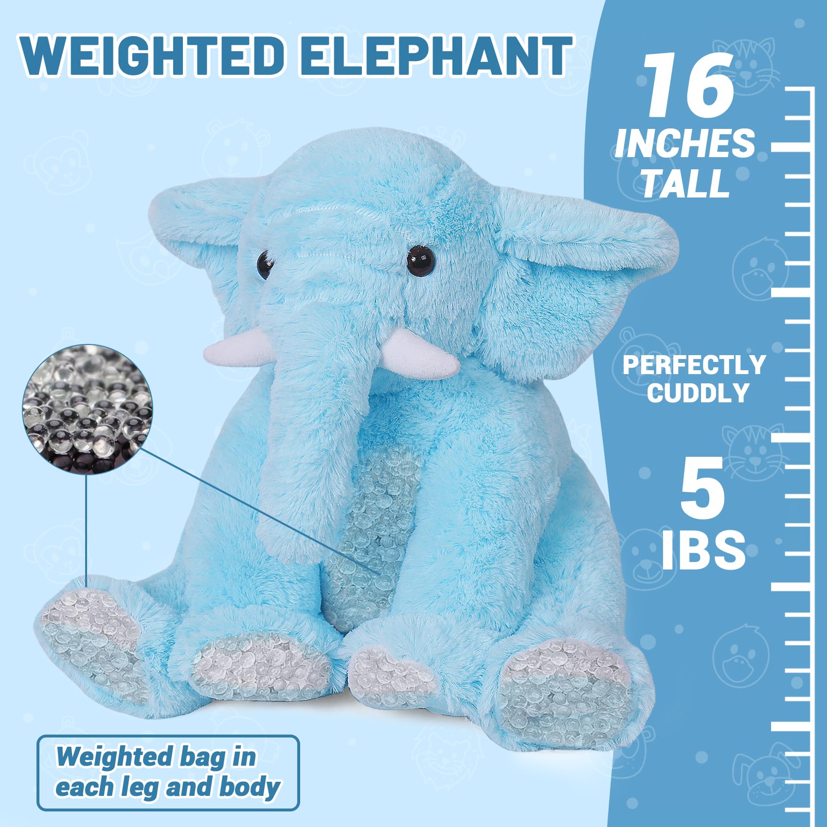 JellyMallow Elephant Stuffed Animal 5 lbs 16 inches Blue Polyester Weighted Plush Toy