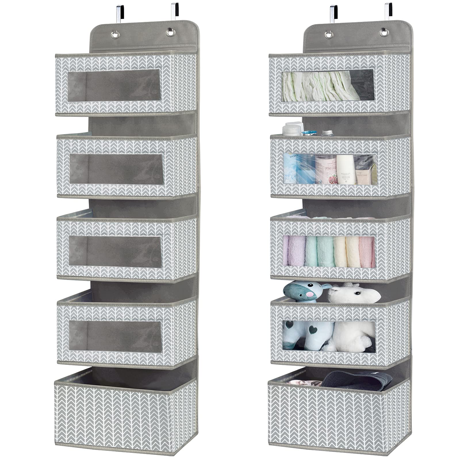 Over The Door Hanging Organizer With 5 Large Pockets - Wall Mount Pantry Storage With Clear Pvc Window & 2 Big Metal Hooks For C
