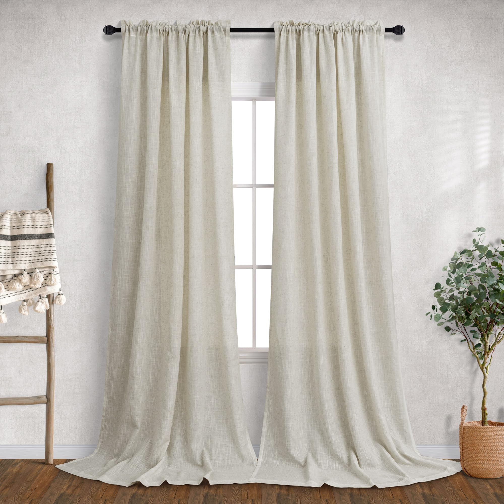 Flax Linen Long Sheer Curtains 120 Length For Dining Room 2 Panels Rod Pocket Window Treatment Cotton Textured Drapes Semi Privacy Beige Curtains For Sliding Glass Door Bedroom Living 52X120 Long