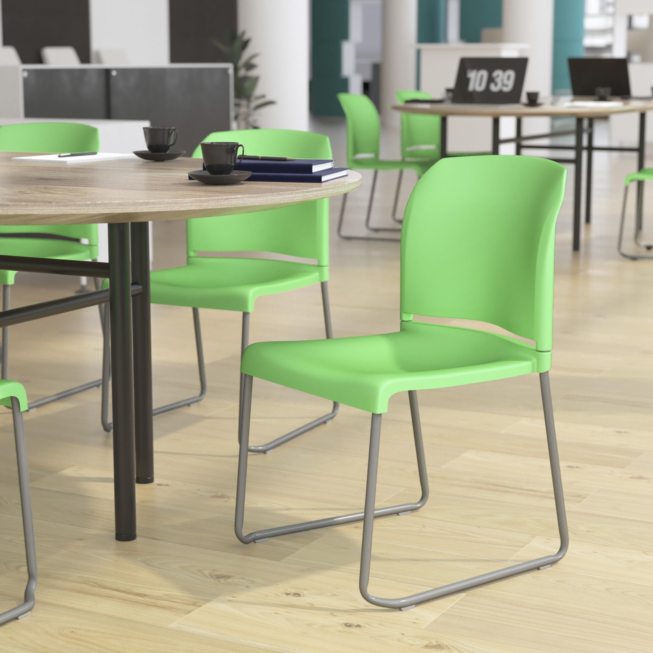 Flash Furniture Hercules Series 880 lb. Capacity Green Full Back Contoured Stack Chair with Gray Powder Coated Sled Base
